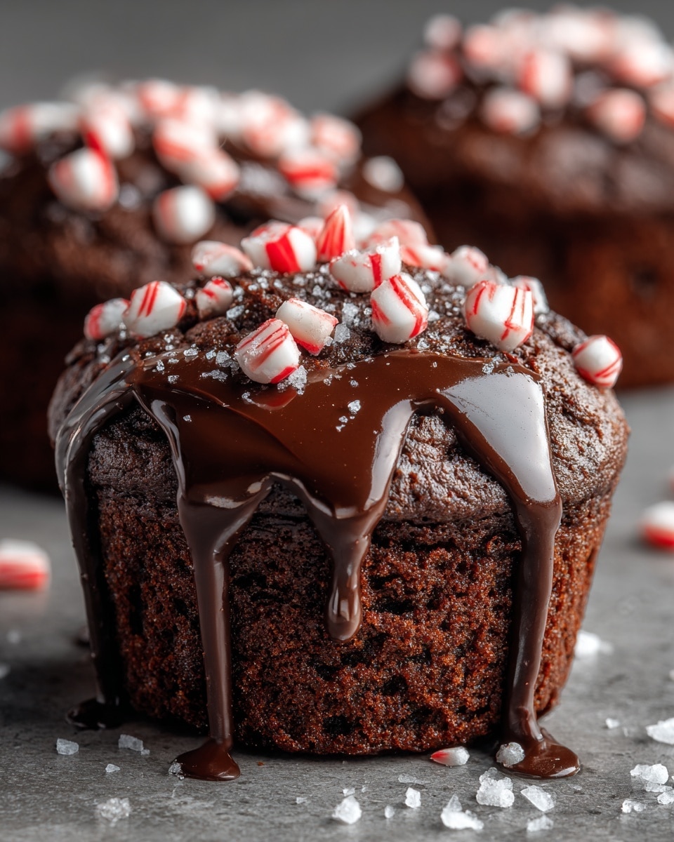 A close-up of a dark brown chocolate muffin with a rough texture and visible crumb detail. The muffin is topped with a shiny layer of melted chocolate that drips down its sides. On top of the chocolate glaze, there are small white and red striped peppermint candy pieces scattered unevenly. The muffin sits on a gray surface with some salt or sugar crystals around it. In the blurred background, two more chocolate muffins with the same topping are partially visible. photo taken with an iphone --ar 4:5 --v 7