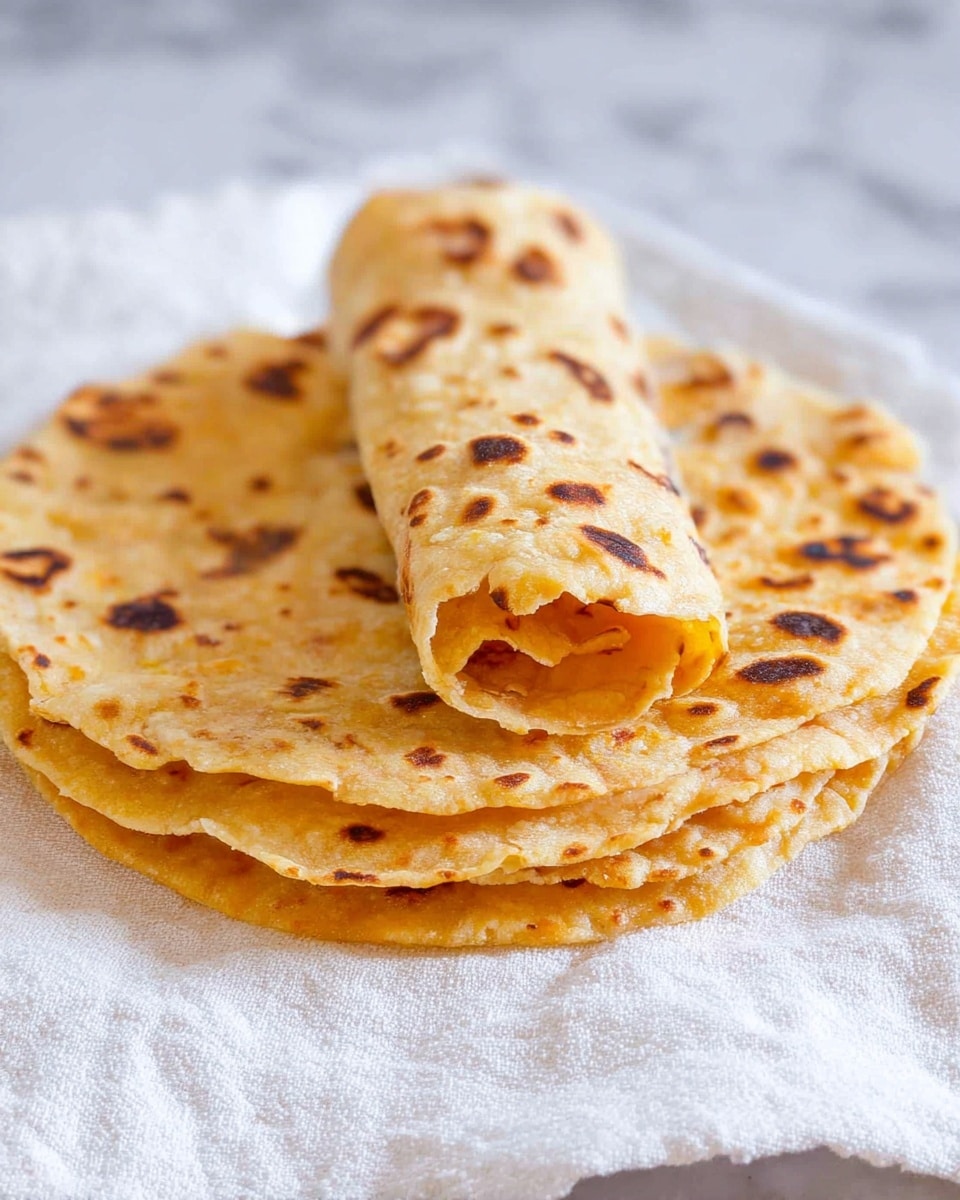 The image shows a stack of three flatbreads with a golden-brown color and dark brown spots from cooking. The top flatbread is rolled up and placed horizontally on the stack, revealing its soft, slightly uneven texture. The flatbreads have a thin, round shape and are resting on a white marbled surface. The overall look is warm and inviting, with a homemade feel. photo taken with an iphone --ar 4:5 --v 7