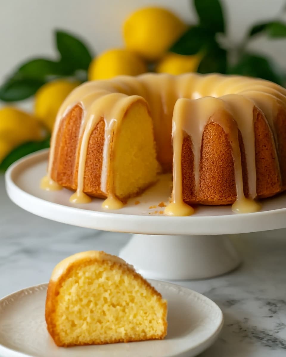 The image shows a single-layer bundt cake with a golden brown crust and a soft yellow inside, sitting on a white cake stand with a slice removed. The smooth, light yellow glaze drips gently down the cake’s ridges, adding a shiny texture to the surface. The cake is moist with a slightly crumbly edge at the slice, and a small piece rests on a white plate in the foreground. The background features soft focus yellow lemons and dark green leaves, all on a white marbled surface. photo taken with an iphone --ar 4:5 --v 7