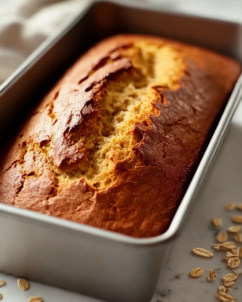 A close-up view of a freshly baked golden-brown loaf cake in a silver metal baking pan. The top surface of the cake is cracked with a split down the center, showing a light yellow, soft and moist inside texture contrasting with the darker crust. The pan sits on a white marbled surface, with a few scattered oats blurred in the background. Photo taken with an iphone --ar 4:5 --v 7