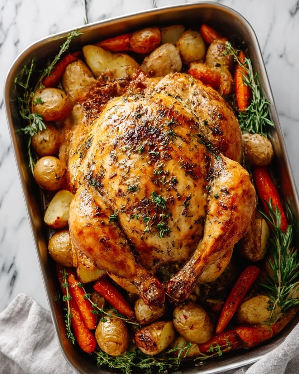 A whole roasted chicken with golden brown crispy skin seasoned with herbs is centered in a silver roasting pan. Surrounding the chicken are roasted baby potatoes with a light brown crust and roasted carrots that have a deep orange color, both mixed with sprigs of fresh green rosemary and thyme. The chicken looks juicy with a shiny texture, and the vegetables have a slightly charred, caramelized surface. The pan sits on a white marbled surface with a light gray cloth partially visible on the side. Photo taken with an iphone --ar 4:5 --v 7