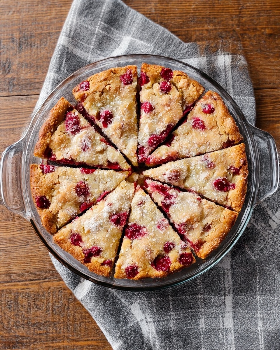 A round dessert with a golden-brown top layer that looks slightly crumbly, dotted with bright red berry pieces scattered unevenly throughout. The dessert is cut into eight slices and is in a clear glass pie dish with small handles on each side. The dish sits on a gray and white checkered cloth on a wooden surface. The texture of the top layer is crumbly with visible cracks where it has been sliced, and the red berries add a contrasting pop of color against the light brown crust. photo taken with an iphone --ar 4:5 --v 7