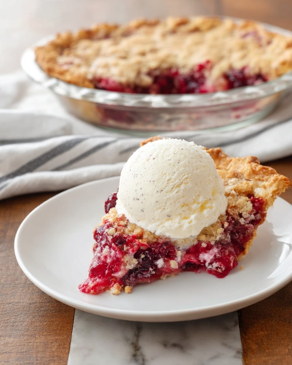 A slice of berry pie with a crumbly, golden brown crust sits on a white plate, showing a thick layer of mixed red berries and soft, moist filling underneath. On top of the pie slice is a large scoop of creamy vanilla ice cream, with visible tiny black specks, adding a smooth, white contrast to the textured pie. In the background, the rest of the pie is visible in a clear glass pie dish with a similar golden crust and berry filling. The setting includes a soft cloth with a simple striped pattern on a wooden surface replaced with a white marbled texture. photo taken with an iphone --ar 4:5 --v 7