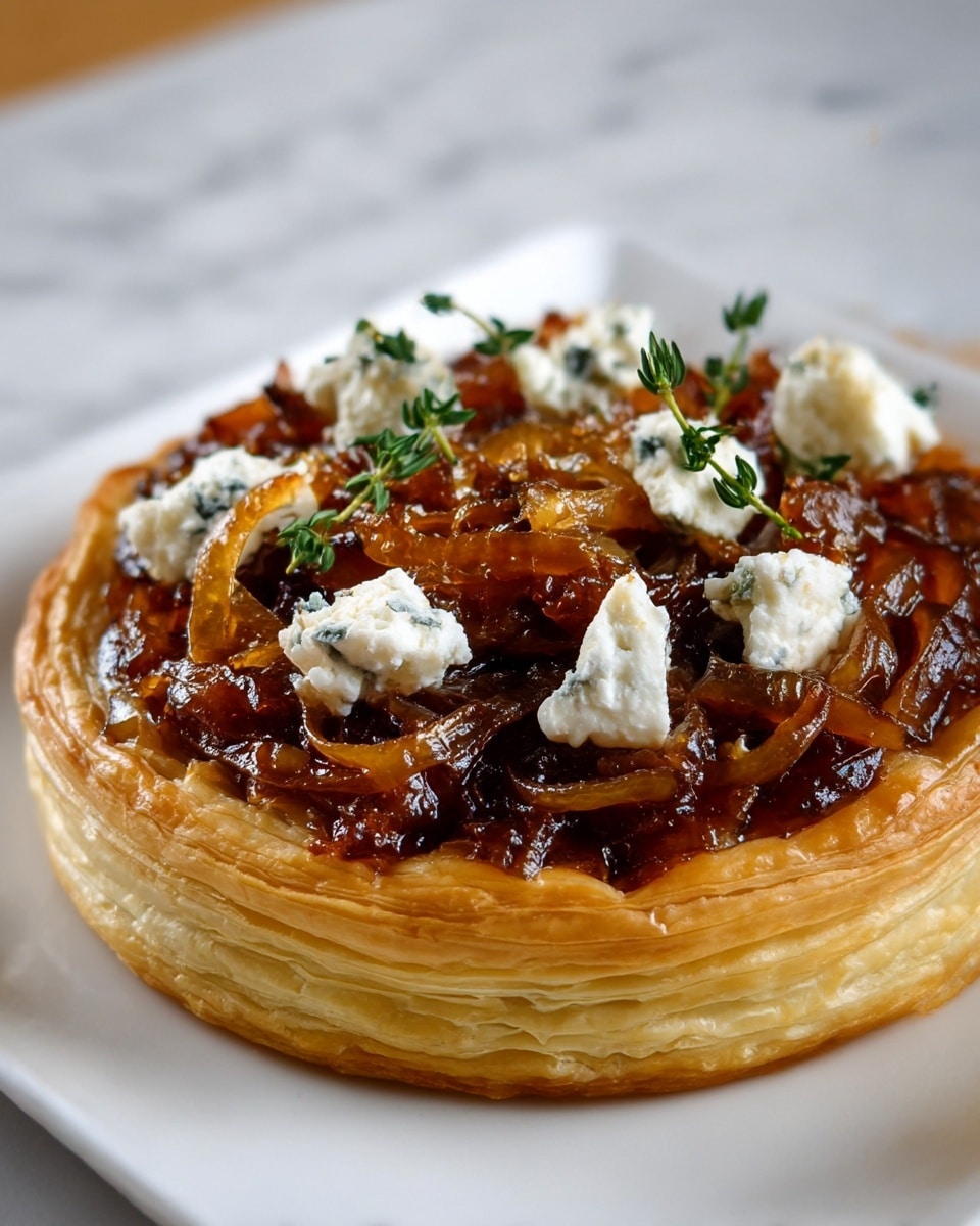 A round tart with a thick, golden brown puff pastry crust forms the base layer, showing many flaky layers and a slightly crisp texture. On top is a glossy layer of caramelized onions, deep amber in color with a soft, slightly sticky appearance. Scattered over the onions are small dollops of white goat cheese with a crumbly texture, some slightly melted and browned on the edges. Sprigs of fresh green thyme decorate the tart, adding a touch of color and freshness. The tart sits on a white plate against a white marbled background. Photo taken with an iphone --ar 4:5 --v 7