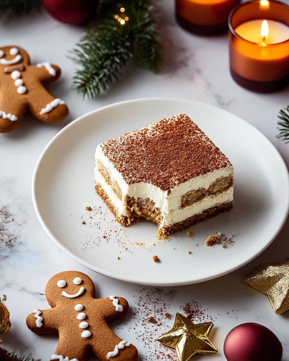 A white plate on a white marbled surface holds a square slice of tiramisu with a bite taken out, showing two layers of coffee-soaked cake and a thick middle layer of creamy white mascarpone. The top layer is dusted with cocoa powder unevenly spread. Around the tiramisu are scattered crumbs and a small dusting of cocoa powder. To the left of the tiramisu, there is a decorated gingerbread cookie shaped like a smiling person with white icing details. Near the plate, small golden decorative pieces and green pine branches add a festive touch, along with two lit candles in amber holders. photo taken with an iphone --ar 4:5 --v 7