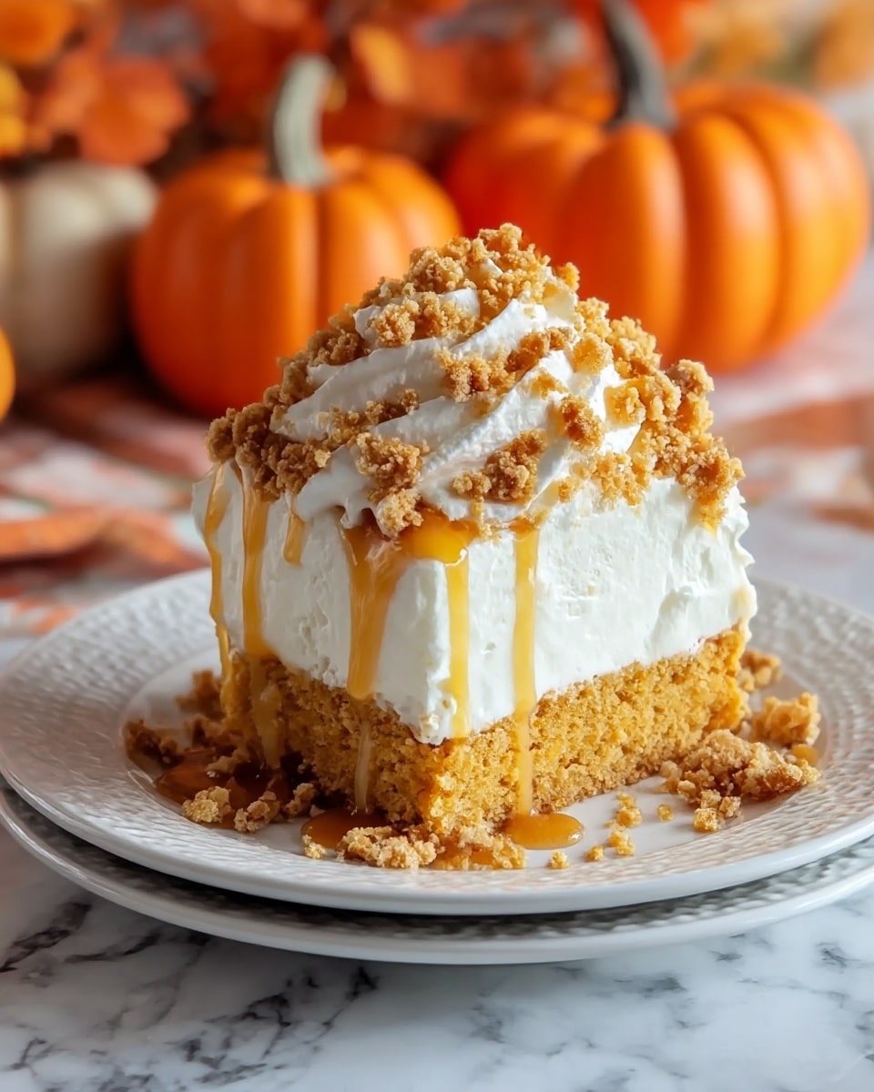 A single slice of cake sits on a stack of two white plates, the bottom plate plain and the top plate textured with a subtle pattern. The cake has three layers: the bottom layer is a moist golden-brown crumbly cake, the thick middle layer is smooth and white cream, and the top layer is thick white whipped cream. The whipped cream is topped with crunchy golden crumb pieces scattered on top and around the base of the slice. Golden caramel sauce drips down the sides of the whipped cream, adding a shiny contrast. The background shows small orange pumpkins and autumn decorations, all set on a white marbled textured surface. Photo taken with an iphone --ar 4:5 --v 7