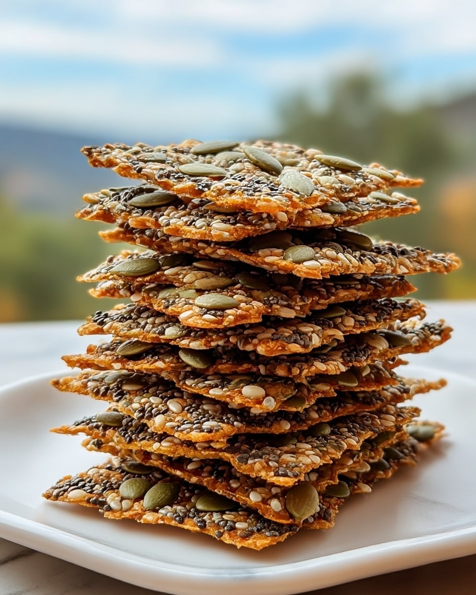 A stack of crunchy seed crackers is placed on a white plate with soft edges. The stack shows seven visible layers, each cracker with a mix of light green pumpkin seeds, white sesame seeds, small black chia seeds, and other small seeds, all held together by a golden-brown baked base. The crackers have a rough and uneven surface from the seeds, with the edges slightly crisp and not perfectly straight. The background shows a soft natural outdoor view with greenery and sky, while the plate rests on a white marbled surface. photo taken with an iphone --ar 4:5 --v 7