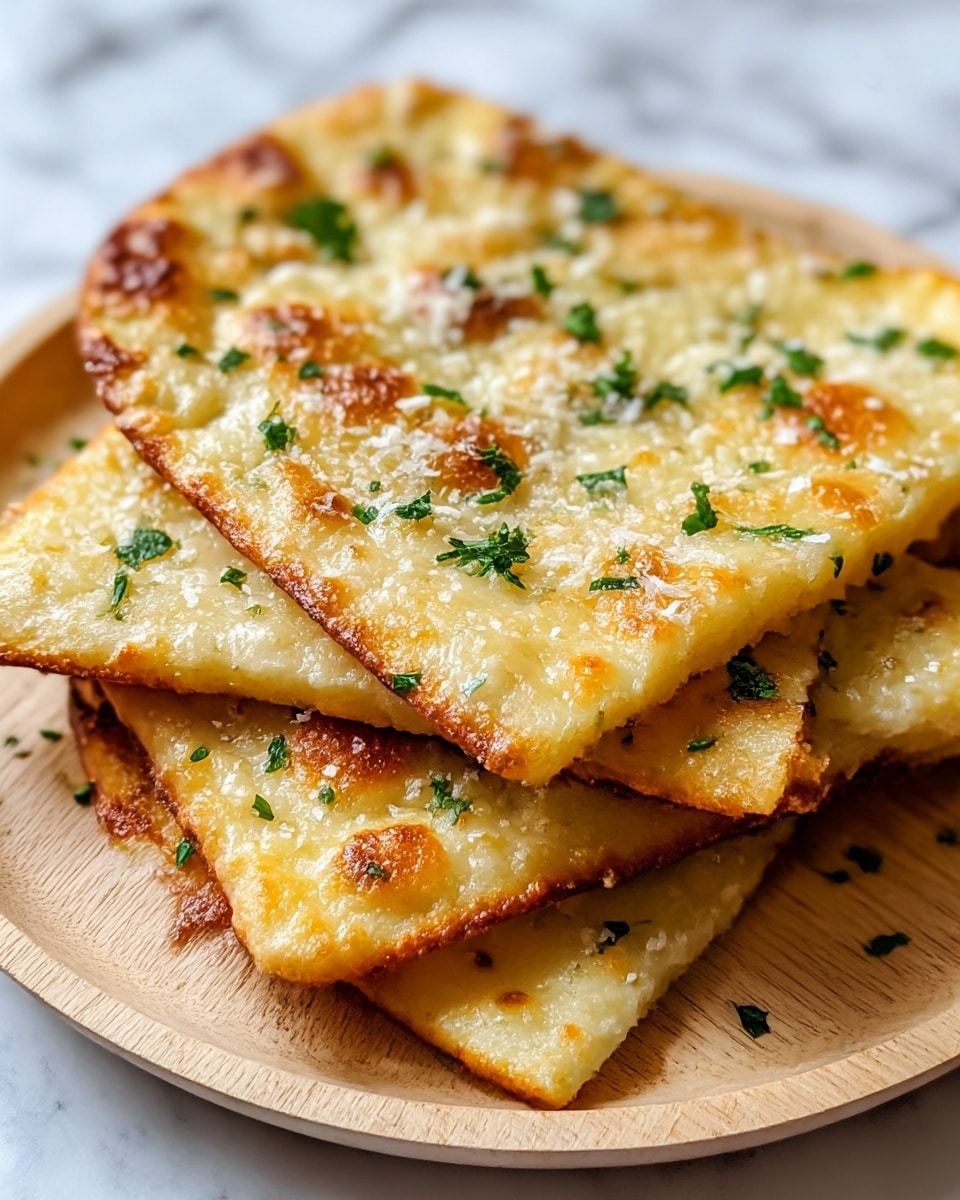The image shows three pieces of golden-brown garlic flatbread stacked on a white wooden plate. Each flatbread piece has a slightly crispy texture with browned edges and is topped with melted cheese, small green parsley flakes, and a sprinkling of coarse salt. The flatbreads have a slightly uneven surface that shows the melted cheese patches and toasted spots clearly. The background is a white marbled texture, adding a clean and simple feel to the scene. Photo taken with an iphone --ar 4:5 --v 7