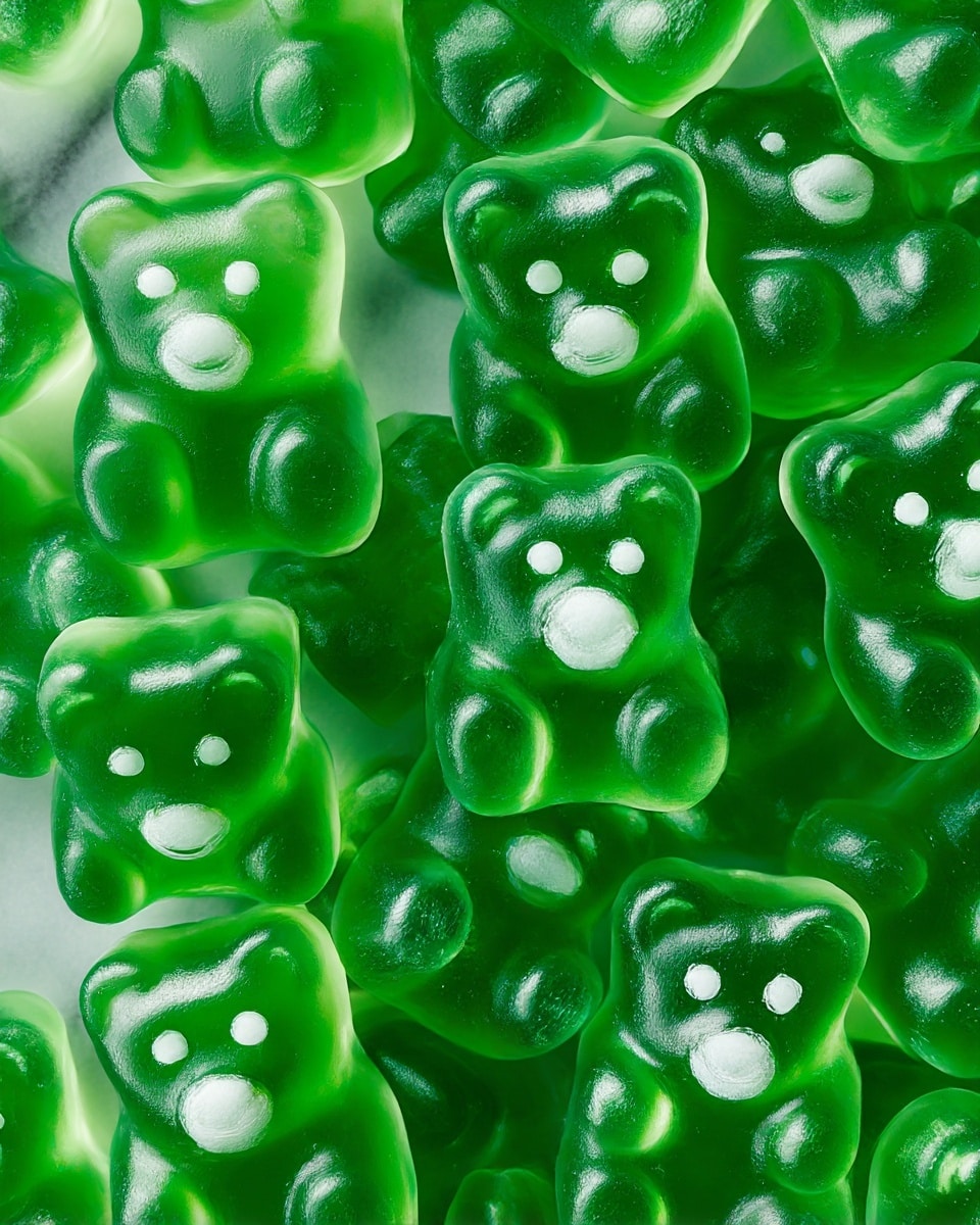 The image shows a close-up view of many green gummy candies shaped like teddy bears. Each bear has clear details on its face, ears, arms, and legs, with smooth, shiny surfaces. The green color is bright and uniform with some slight white areas around the eyes and snout giving depth to the figures. The candies are piled together on a white marbled surface, filling the frame with their soft texture and rounded edges. Photo taken with an iphone --ar 4:5 --v 7