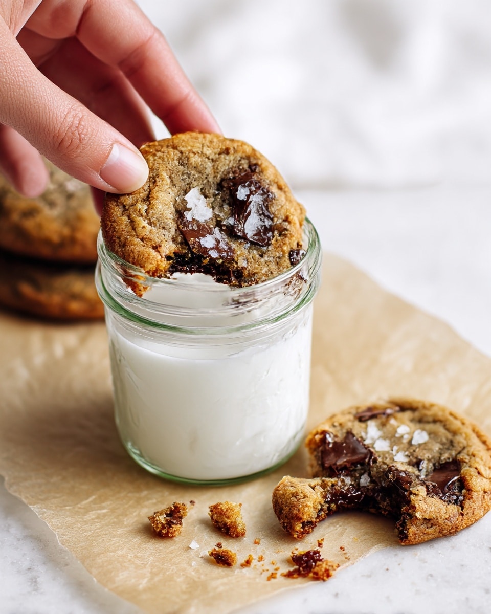 A close-up of a glass jar half full of white milk on a piece of parchment paper on a white marbled texture, with a woman's hand dipping a bitten chocolate chip cookie into the milk; the cookie is golden brown with visible melted dark chocolate chunks and a few large flakes of sea salt on top. Around the jar, two more cookies are placed on the parchment paper—one whole and the other broken with crumbs scattered around. The whole scene is bright with soft natural light, capturing the gooey texture of the chocolate and the crisp edges of the cookies. Photo taken with an iphone --ar 4:5 --v 7
