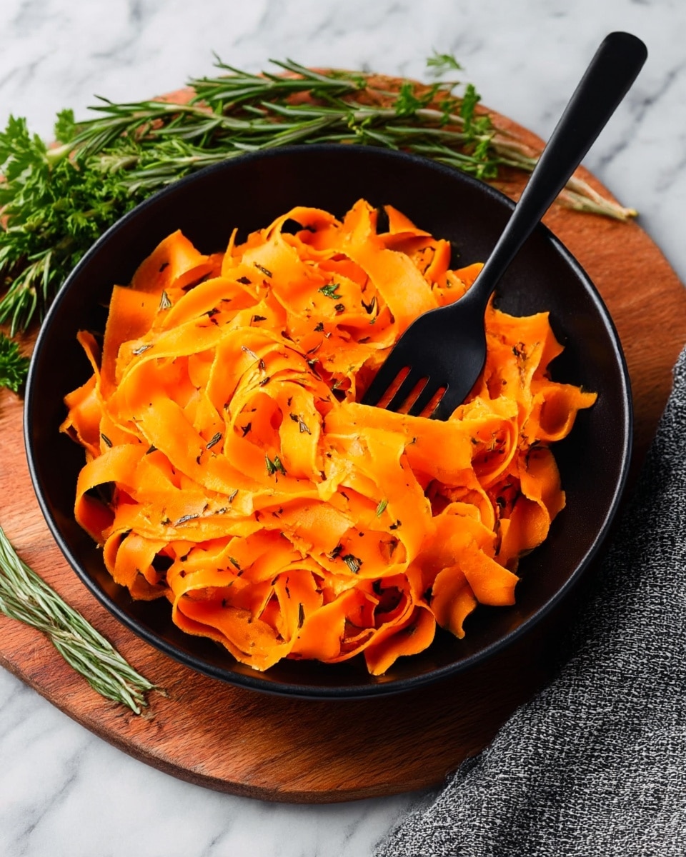 A close-up image shows bright orange carrot ribbons served in a white round bowl on a wooden board. The carrot ribbons are thin, long, and slightly curled, covered with tiny green herb pieces scattered on top. A woman's hand is lifting a small bundle of these ribbon noodles with a black fork above the bowl. To the side, there are fresh green herbs placed on a white marbled surface, and a dark knitted cloth is partially visible. The background is deep black, making the colors of the food pop. photo taken with an iphone --ar 4:5 --v 7