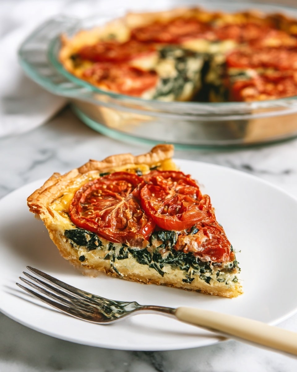 A triangular slice of quiche sits on a white plate with a silver fork beside it; the quiche has a golden-brown crust at the bottom and edges, a creamy light yellow filling mixed with dark green spinach, and topped with several slices of bright red tomatoes on the surface. Behind the plate, the rest of the quiche is visible in a clear glass pie dish, showing the same layers and colors, placed on a white marbled surface. Photo taken with an iphone --ar 4:5 --v 7