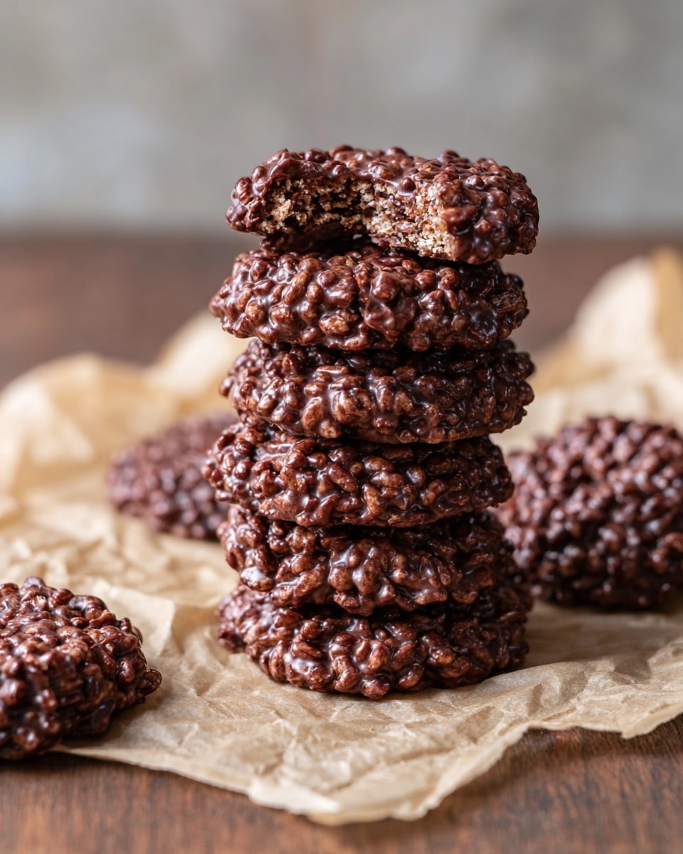 A stack of six round chocolate puffed rice cookies sits on crumpled baking paper over a wooden table with a white marbled background. The cookies have a rough texture with small puffed rice pieces visible and are dark brown in color. The top cookie has a small bite taken out, revealing a chewy, dense interior with the puffed rice inside. To the right and back left, there are more smaller stacks of similar cookies, some partly visible, and one cookie lies flat in front of the main stack. The lighting highlights the rough texture and shine of the chocolate coating. photo taken with an iphone --ar 4:5 --v 7
