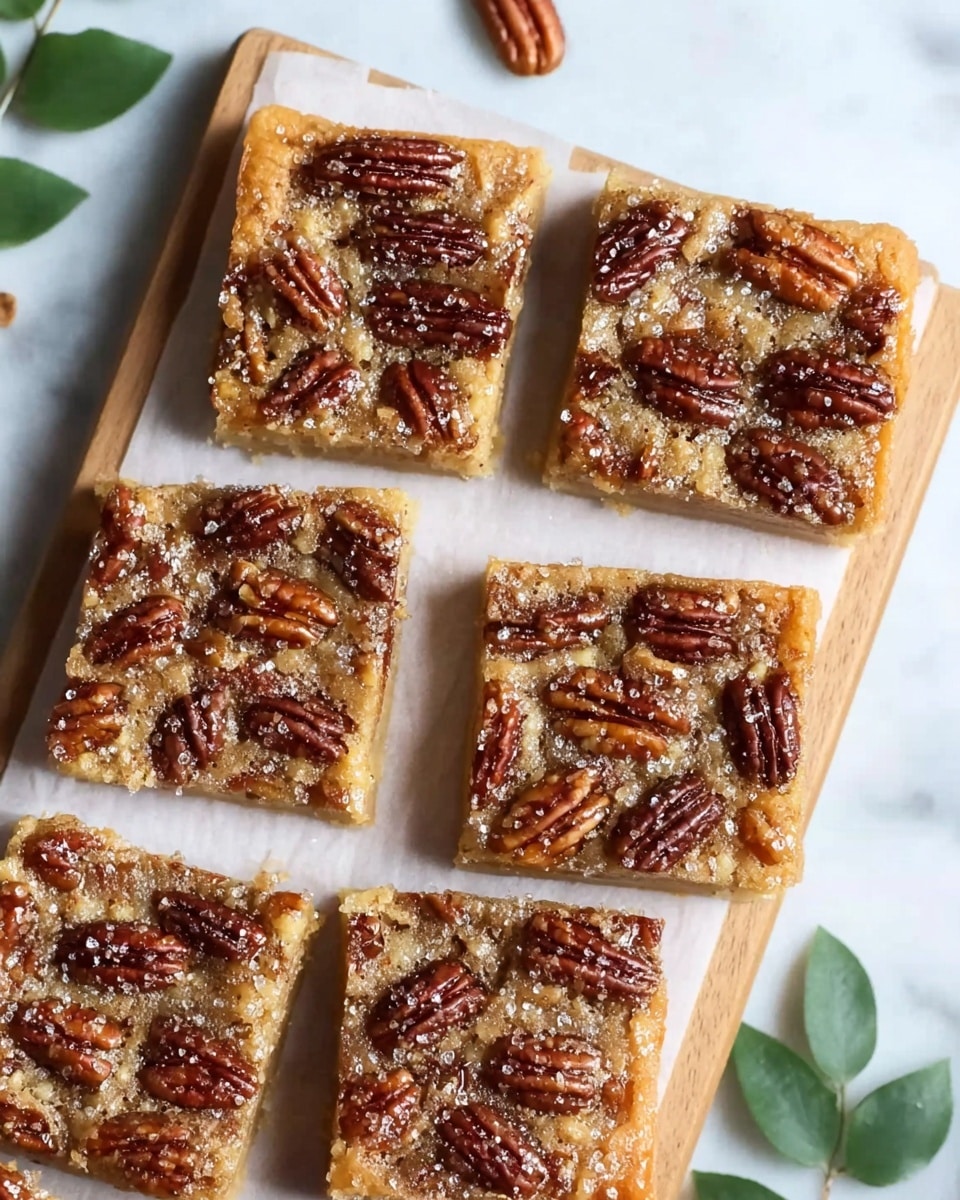 The image shows six square pecan bars arranged in two rows on a sheet of white parchment paper covering a wooden board, which rests on a white marbled textured surface. Each bar has two visible layers: a light, crumbly base layer in pale beige and a glossy, amber-colored topping that is studded with whole pecan halves, which have a rich, deep brown color and a textured surface. The pecans are evenly spaced and slightly embedded in the sticky topping, giving the bars a shiny, caramelized look. Some green leaves are softly blurred in the background around the edges, adding a touch of natural color. photo taken with an iphone --ar 4:5 --v 7