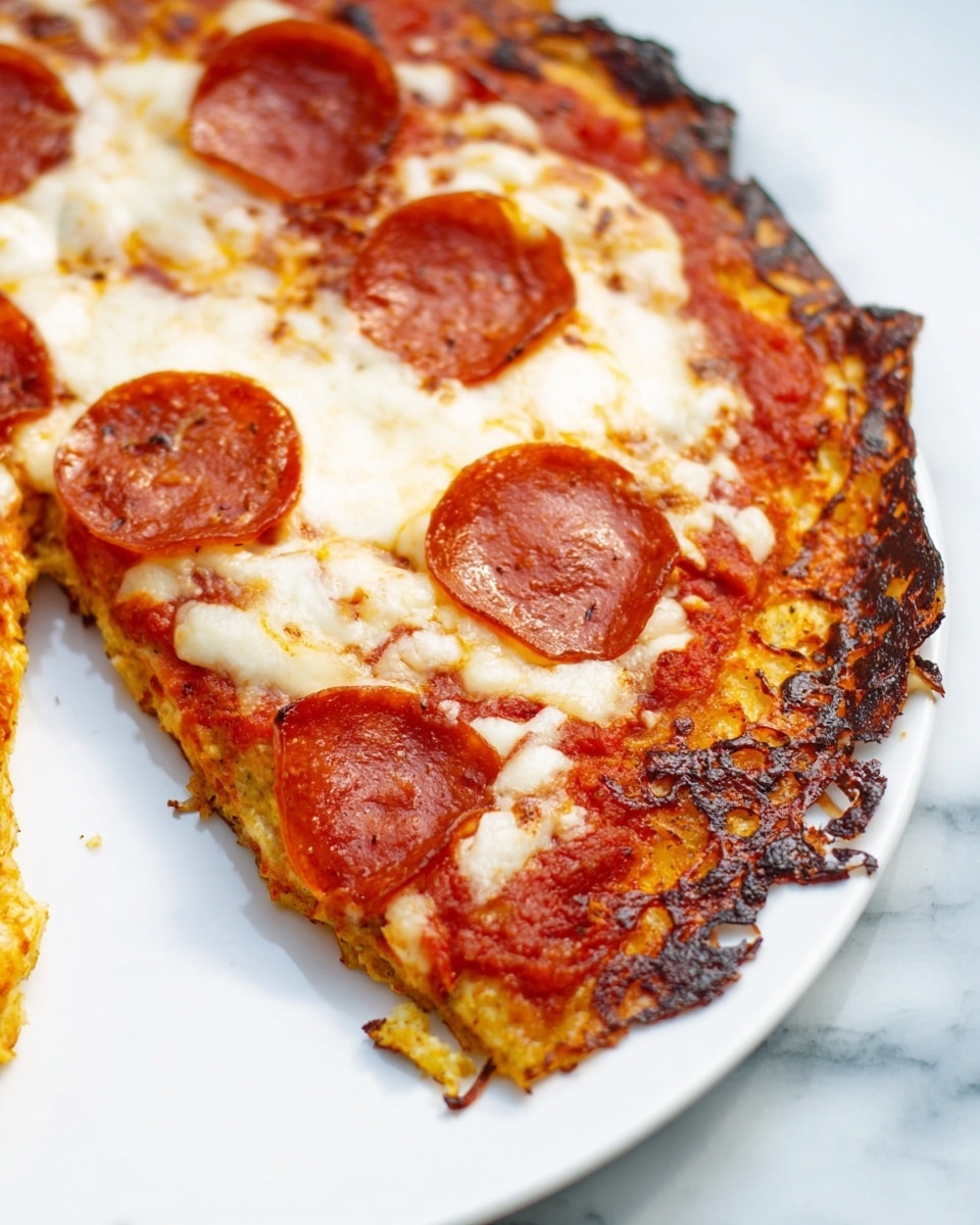 A close-up image of a slice of pepperoni pizza on a white plate, set on a white marbled texture. The pizza has three visible layers: the bottom layer is a thick, golden-brown crust with some charred spots and a rough texture; the middle layer is bright red tomato sauce spread unevenly; the top layer has melted white cheese with a slightly stretch texture and several round, shiny reddish-brown pepperoni slices placed on top. The slice is partly separated from the rest of the pizza, showing a bite taken out of the edge. photo taken with an iphone --ar 4:5 --v 7