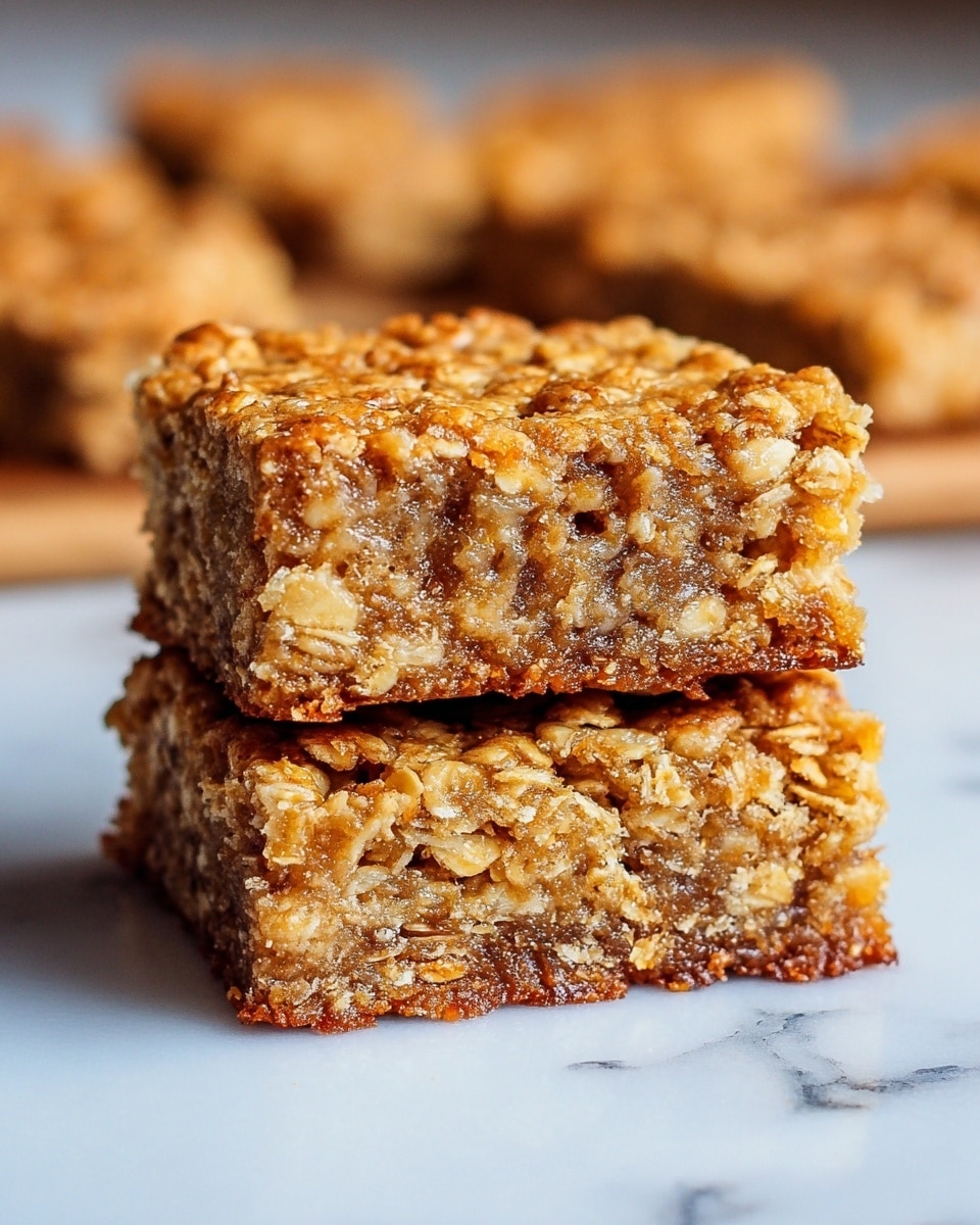 The image shows two square oat bars stacked on top of each other on a light wooden surface. Each bar has three layers: the top layer is a golden brown oat crust with a rough texture, the middle layer is a gooey, caramel-colored filling with visible chunks of banana, and the bottom layer is a darker, firmer oat crust with a slightly crunchy look. The background is blurred, with more oat bars visible in soft focus. photo taken with an iphone --ar 4:5 --v 7