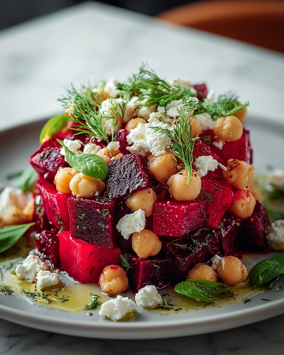 A colorful salad stacked high on a white plate, with bright deep red beet cubes forming the base layer mixed with beige chickpeas, topped with small white crumbles of cheese and scattered green herb leaves. The salad shows fresh green dill and basil leaves as garnishes with a drizzle of light oil on the plate edges. The overall look is fresh, vibrant, and textured against a white marbled surface. Photo taken with an iphone --ar 4:5 --v 7