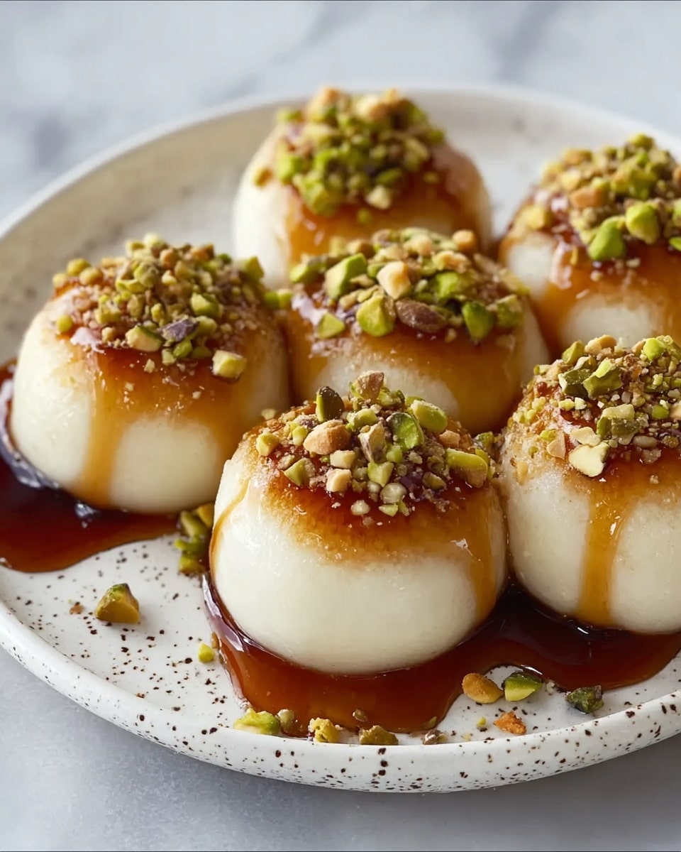 The image shows six round, smooth white balls placed closely together on a white plate with small dark specks. Each ball is covered halfway with a shiny brown syrup that drips slightly down the sides. On top of the syrup, there is a sprinkle of crushed nuts including green pistachios and lighter colored nuts, giving texture and color contrast to the dish. The background surface is a white marbled texture. photo taken with an iphone --ar 4:5 --v 7