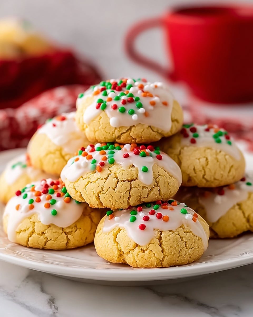The image shows a pile of round cookies stacked high on a white plate with subtle ridges around the edge. Each cookie is light golden brown with a rough, cracked texture on the bottom and sides, topped with a glossy white icing that drips down slightly unevenly. The icing is covered with small round sprinkles in red, green, and white colors, scattered densely all over the top. The cookies are clustered closely together, creating a layered pyramid effect. The plate sits on a surface with a white marbled texture, and the background is softly blurred with hints of red shapes. photo taken with an iphone --ar 4:5 --v 7