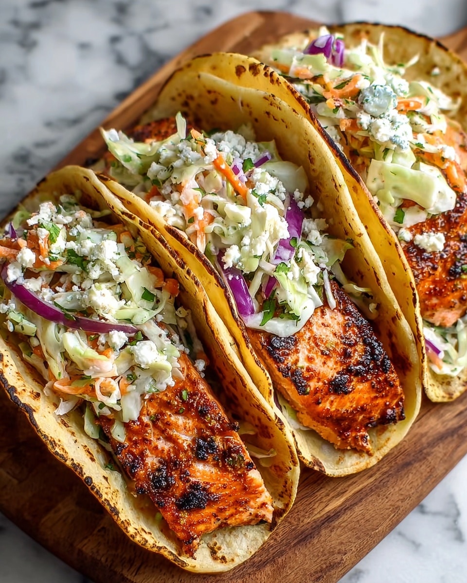 The image shows three fish tacos arranged side by side in a white taco holder on a white marbled surface. Each taco has three visible layers: the bottom layer is soft yellow corn taco shells filled with shredded light green cabbage, the middle layer features grilled salmon pieces with a charred, golden-brown crust, and the top layer includes fresh bright red diced tomatoes with finely chopped green herbs, covered by a creamy white sauce with green flecks drizzled over everything. Lime wedges are placed behind the tacos, adding fresh green color to the scene. The focus highlights the textures and colors of the ingredients vividly. photo taken with an iphone --ar 4:5 --v 7