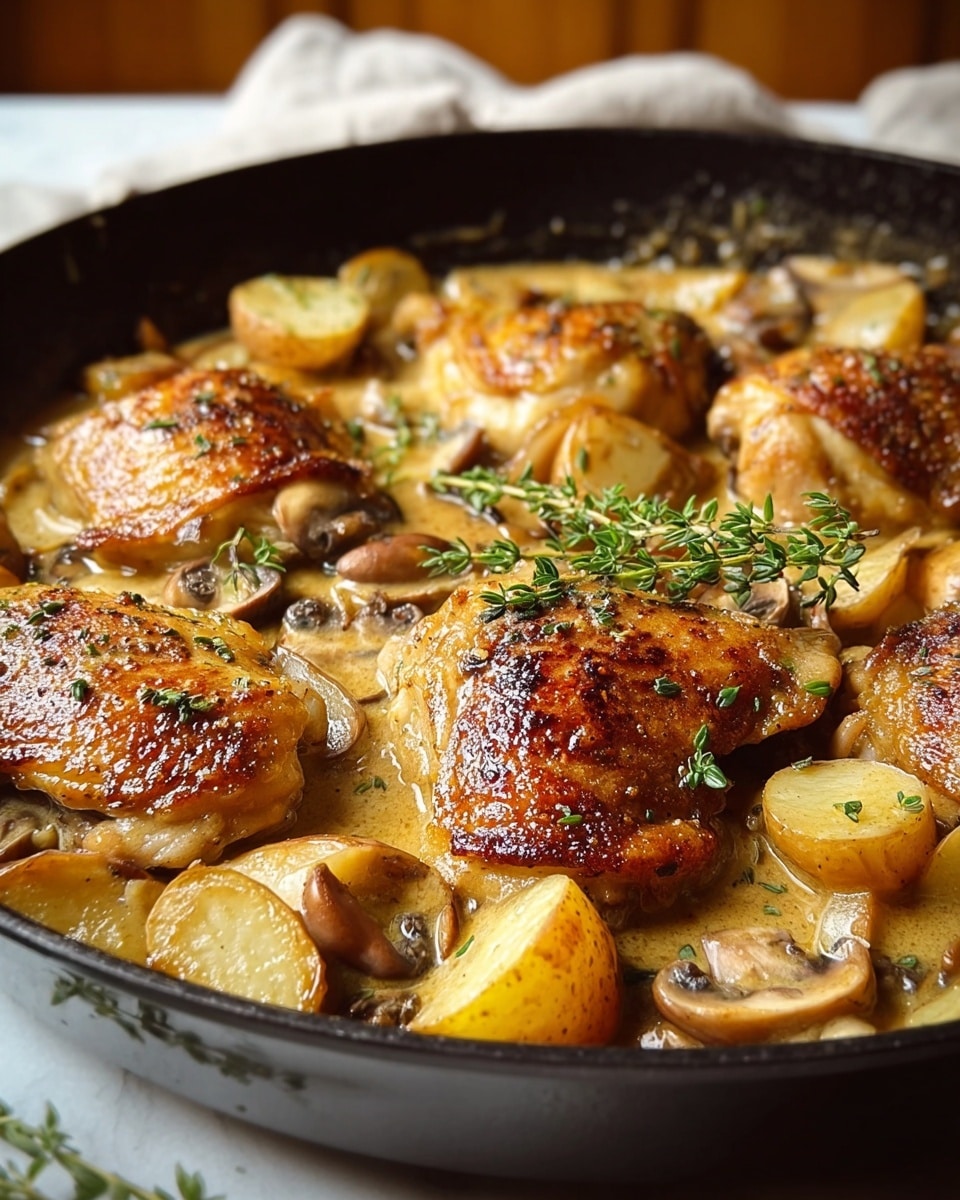 A close-up view of a black skillet filled with five golden brown chicken thighs, each with a crisp, textured skin showing a rich browned color. Between the chicken pieces are layers of light golden creamy sauce with visible herbs and seasoning, scattered with small roasted potato wedges that have a slightly browned edge, whole mushrooms, and cooked onion slices adding a soft, golden touch. Fresh sprigs of thyme rest atop one chicken piece, adding a vibrant green contrast. The skillet is placed on a white marbled surface with a soft focus background. photo taken with an iphone --ar 4:5 --v 7