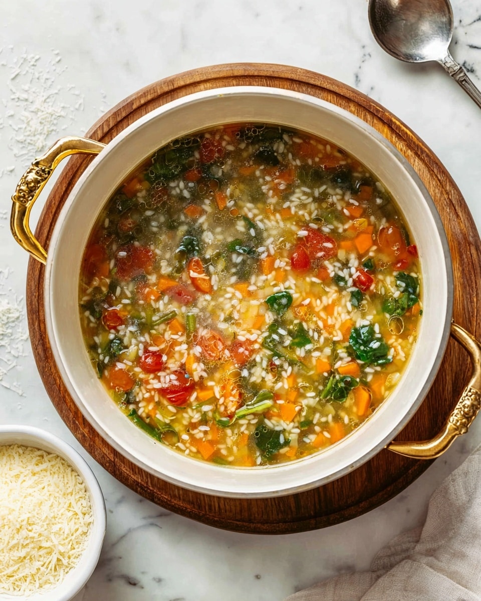 A white pot with golden handles sits on a round wooden board, filled with a clear broth soup containing colorful ingredients evenly spread throughout. The soup layers show small chopped orange carrots, halved red cherry tomatoes, green leafy herbs, and white grains of rice floating in the broth, creating a mix of colors and textures. The background is a white marbled surface with a silver spoon visible on the side and a small white bowl filled with grated cheese nearby. photo taken with an iphone --ar 4:5 --v 7