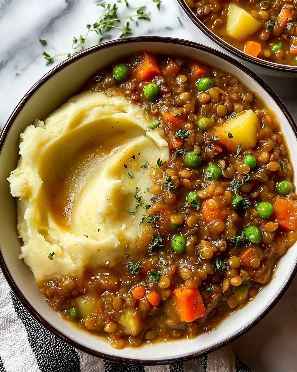 A close-up of a bowl filled with two main layers: one side has smooth, creamy mashed potatoes in a light beige color with a slightly swirled texture, and the other side contains thick, brown lentil stew mixed with visible chunks of orange carrots, yellow potatoes, and green peas, all topped with a sprinkle of fresh green herbs. The bowl is white with a dark rim, resting on a white marbled surface with a bit of a black and white striped cloth partially visible beside it. Photo taken with an iphone --ar 4:5 --v 7