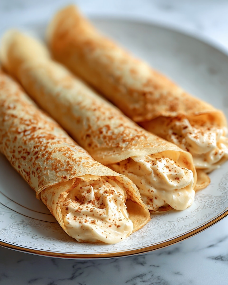 Three rolled crepes lie side by side on a white plate with a delicate gold rim, set against a white marbled surface. Each crepe is thin with a light golden-brown color and a slightly spotted texture. Inside each roll is a creamy filling that is pale beige with small curds, topped with a sprinkling of fine brown spices. The crepes are positioned closely, with the ends slightly open to reveal the soft filling. Photo taken with an iphone --ar 4:5 --v 7