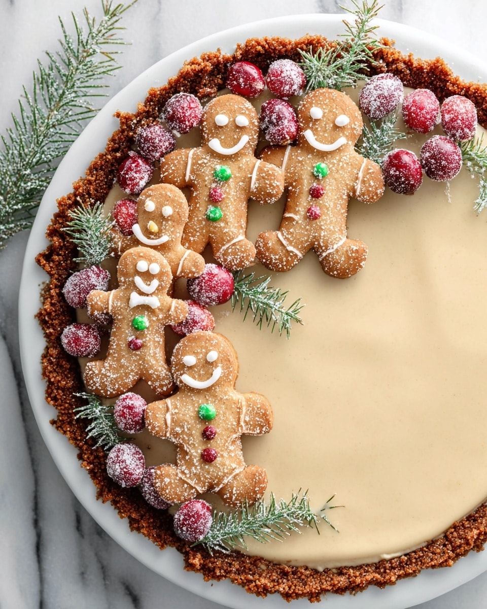 The image shows a pie with three main layers: a dark brown crumbly crust forming the base and edges, a smooth light beige filling in the center, and on top a decorative cluster of gingerbread cookies shaped like smiling gingerbread men with white icing details and red or green candy buttons. Around the gingerbread men are frosted red cranberries and small green pine sprigs dusted with sugar, arranged mainly on one half of the pie, all placed on a white plate and a white marbled surface. photo taken with an iphone --ar 4:5 --v 7