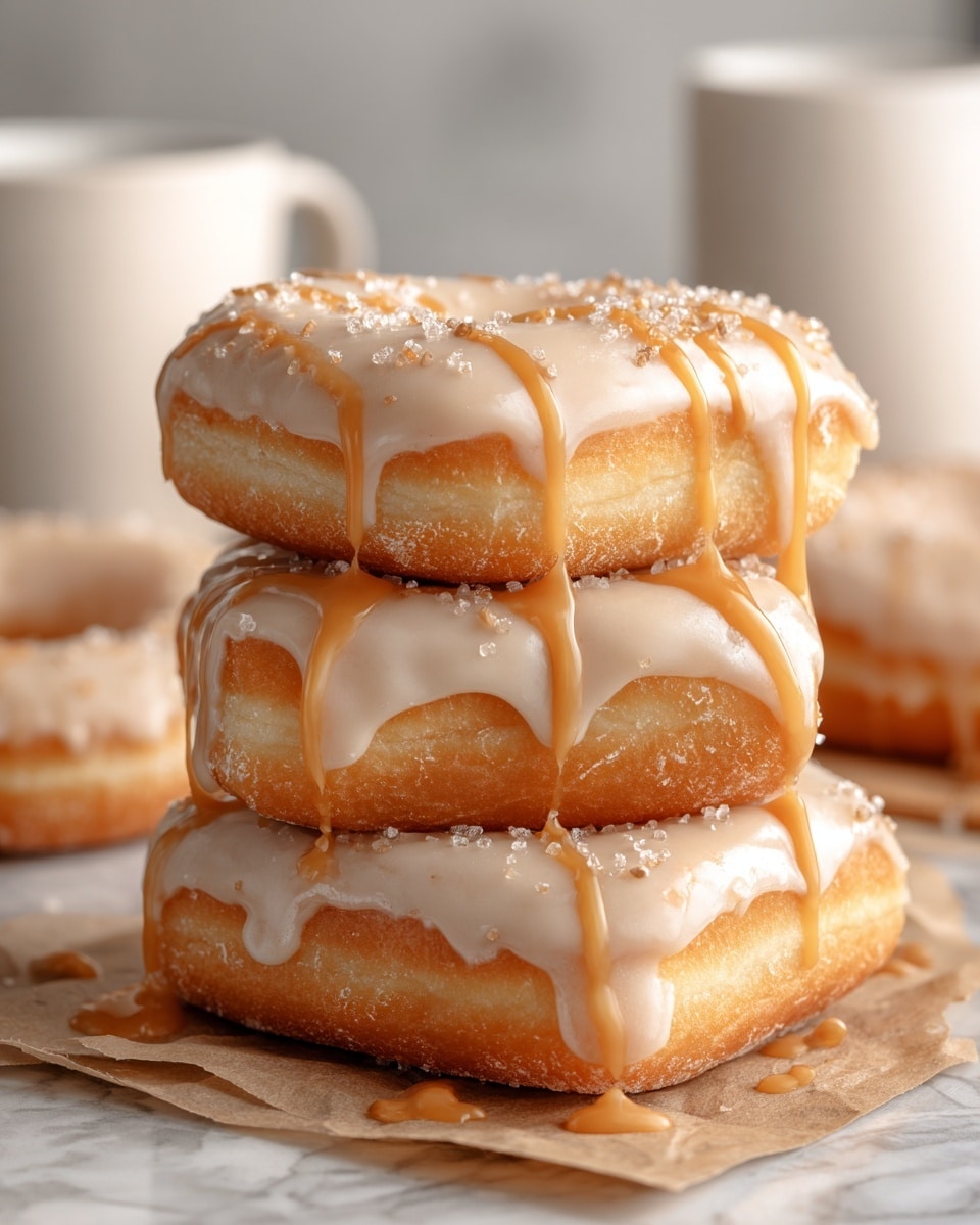 A close-up view of three square doughnuts stacked on top of each other on a piece of brown parchment paper placed on a white marbled surface. Each doughnut has a golden-brown base with a smooth, creamy white glaze that drips down the sides. A light caramel drizzle adds a soft orange-brown color on top of the white glaze, with small granules of coarse sugar sprinkled over all three layers. In the blurred background, two white mugs and a round doughnut with similar glaze can be seen. photo taken with an iphone --ar 4:5 --v 7