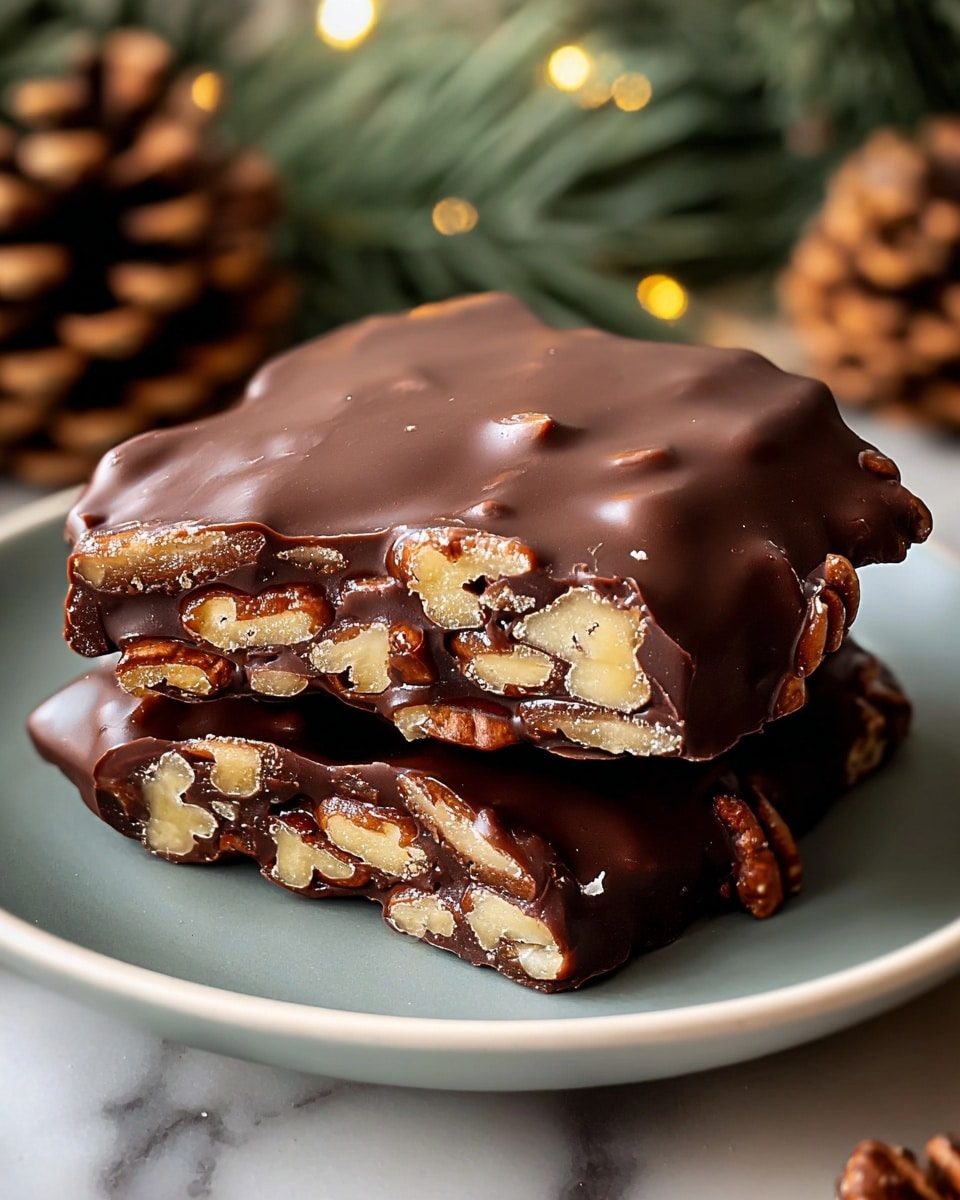 Two layers of thick, glossy dark chocolate with visible chunks of light brown pecans embedded inside. The top layer smoothly covers the whole piece, slightly wavy at the edges. The bottom layer mirrors this texture, with some pecans peeking out around the edges. The chocolate looks rich and shiny, with a soft finish. The dessert is placed on a simple white plate, set against a softly blurred background of pine cones and green fir branches on a white marbled surface. Photo taken with an iphone --ar 4:5 --v 7