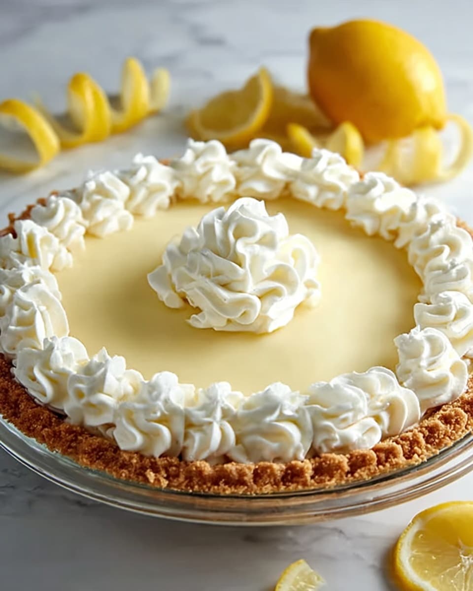 A lemon pie with three main layers is shown on a clear glass plate over a white marbled texture. The bottom layer is a golden-brown crumbly crust with a slightly wavy edge. The middle layer is smooth, pale yellow lemon filling spread thick and even across the crust. The top layer is piped white whipped cream decorating the edge in evenly spaced swirls, with a bigger swirl in the center. Around the plate are lemon slices and yellow lemon peels. A whole lemon is in the background. photo taken with an iphone --ar 4:5 --v 7