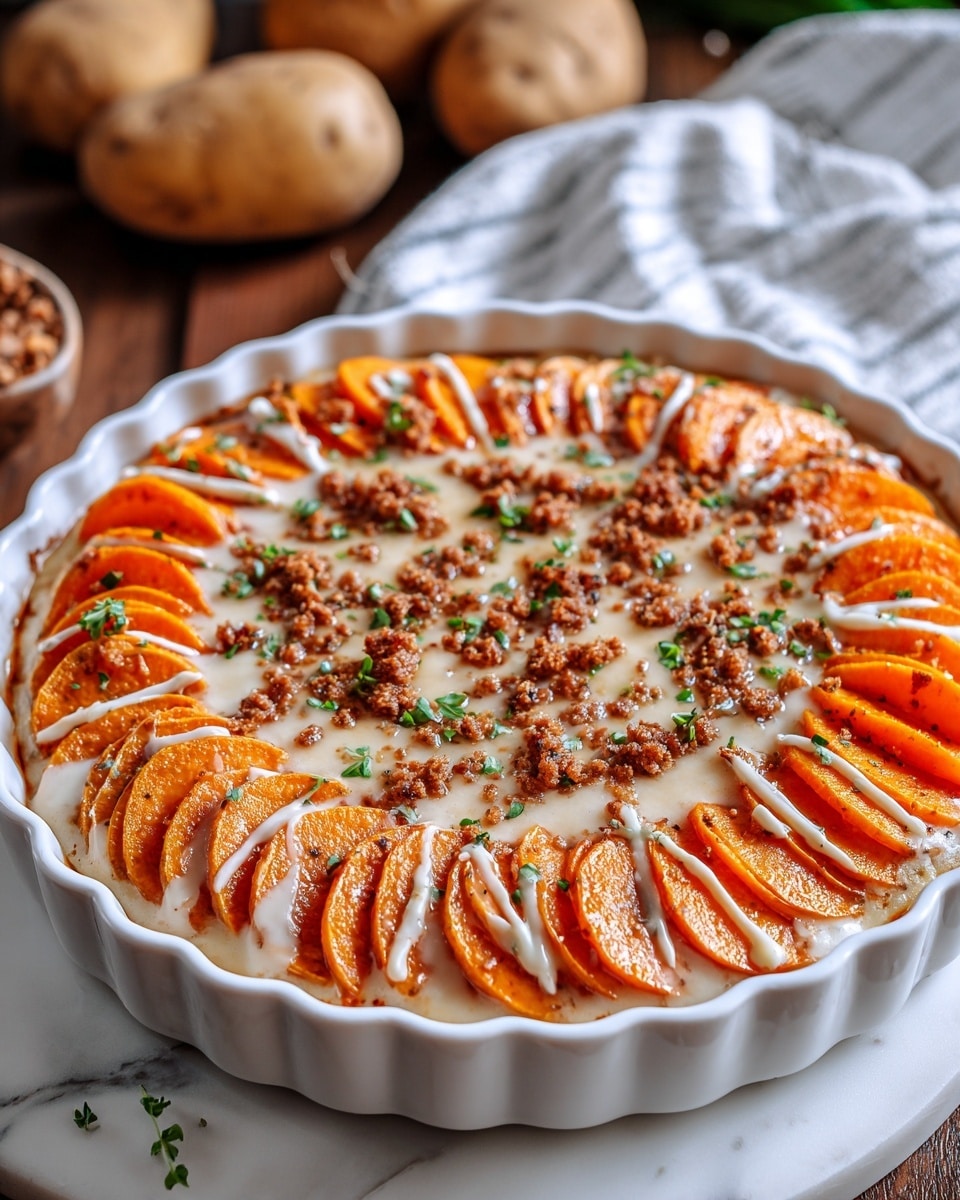 A white scalloped-edge round dish filled with three visible layers: the bottom layer appears creamy and smooth, likely a sauce or base, topped with an evenly arranged layer of sliced orange sweet potatoes with a soft texture, aligned in a circle. The sweet potato slices are drizzled with a white sauce in thin lines across the top. Small brown crumbles are sprinkled on top, adding texture, and tiny green herb bits are scattered for color contrast. The dish sits on a white marbled surface with a blurred background showing potatoes and a striped white and gray cloth nearby. photo taken with an iphone --ar 4:5 --v 7