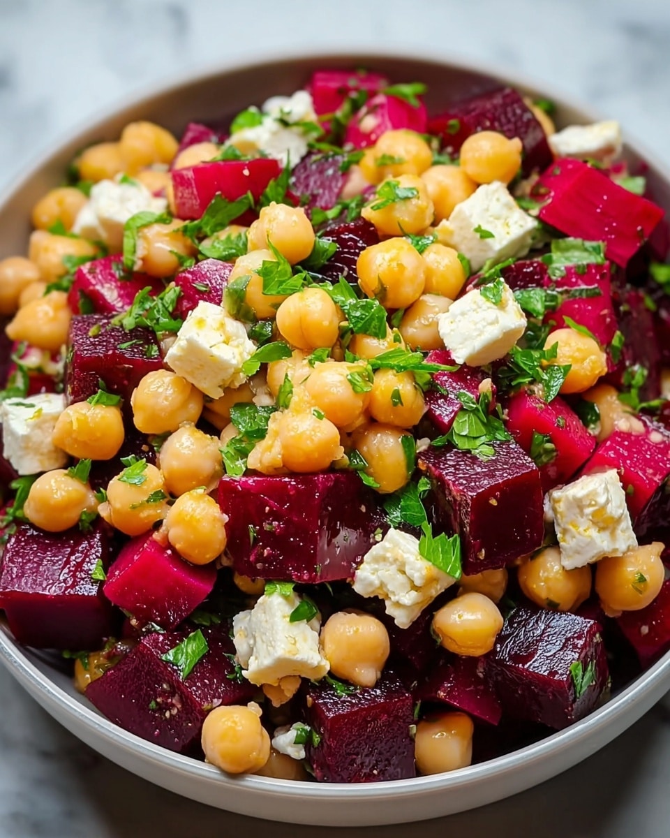 A close-up view of a white bowl filled with a colorful salad consisting of three main layers: cubed deep red beets as the base, round pale yellow chickpeas mixed evenly throughout, and small white feta cheese cubes scattered on top. Bright green chopped parsley leaves are sprinkled over the salad, adding freshness and color contrast. The bowl is set on a white marbled surface. photo taken with an iphone --ar 4:5 --v 7