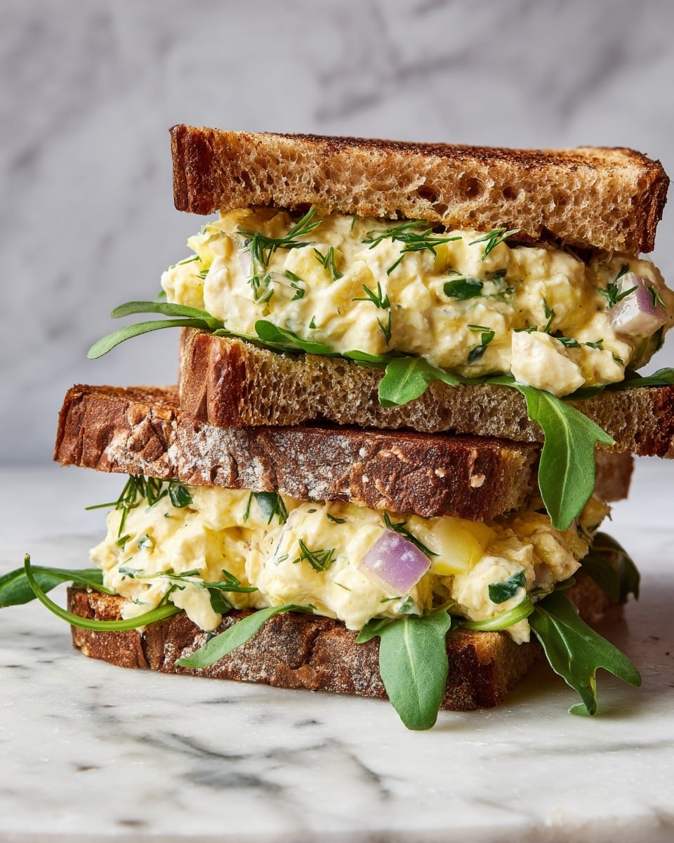 The image shows a close-up of a thick sandwich on two slices of toasted brown bread with a crispy texture. Between the bread layers is a creamy, chunky filling made of light yellow and white pieces mixed with green herbs and small bits of purple onion. At the bottom layer, there are fresh green leaves peeking out slightly. The sandwich sits on a white marbled surface. photo taken with an iphone --ar 4:5 --v 7