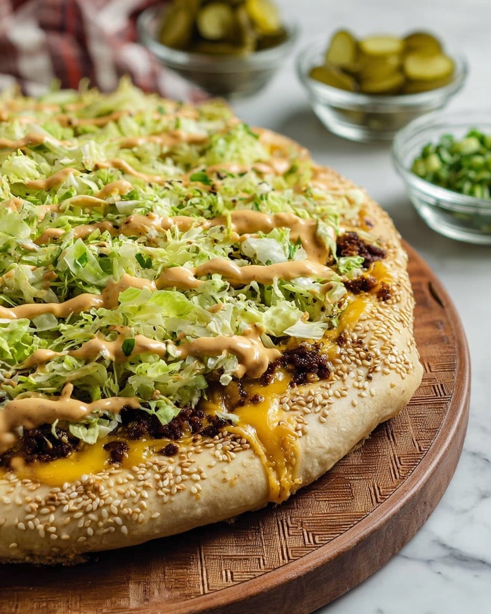 A close-up of a sesame seed crusted pizza with several layers: the base is a thick, pale beige crust covered by melted yellow cheese oozing slightly over the edge; on top of the cheese are bits of dark brown meat, then a thick pile of shredded bright green lettuce mixed with light green chopped pickles, all drizzled with a creamy light orange sauce. The pizza is placed on a wooden board with a textured surface, and in the background, there are small glass bowls with more chopped green pickles, all set on a white marbled countertop. Photo taken with an iphone --ar 4:5 --v 7