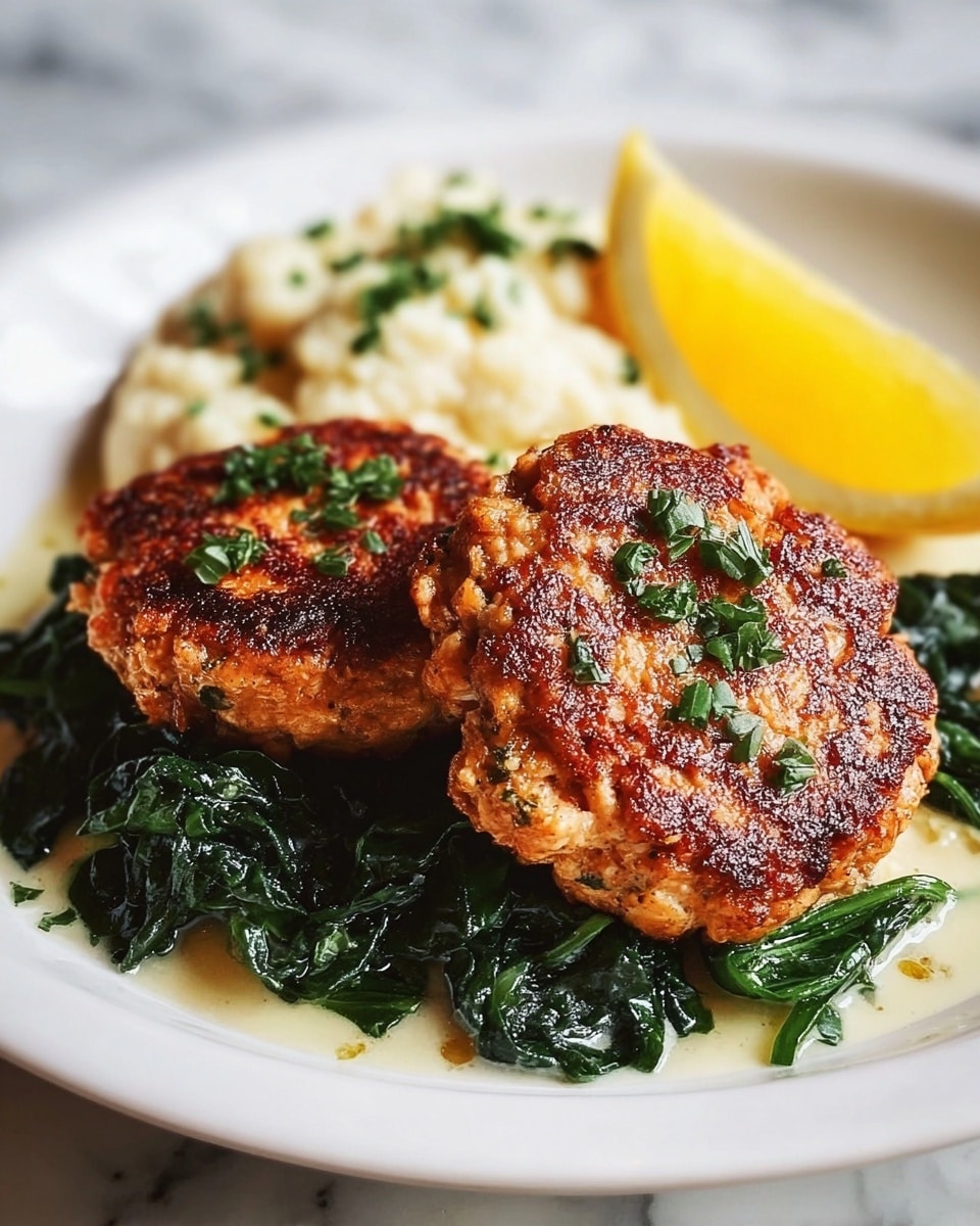 The dish shows two browned, crispy salmon patties with small green herb bits on top, sitting slightly overlapping on a bed of dark green sautéed spinach. Behind the patties, there is a light beige, creamy mash of cauliflower or potatoes, garnished with small green herbs. To the side of the patties, a bright yellow lemon slice adds a pop of color. All the food is on a white plate placed on a white marbled texture background. photo taken with an iphone --ar 4:5 --v 7