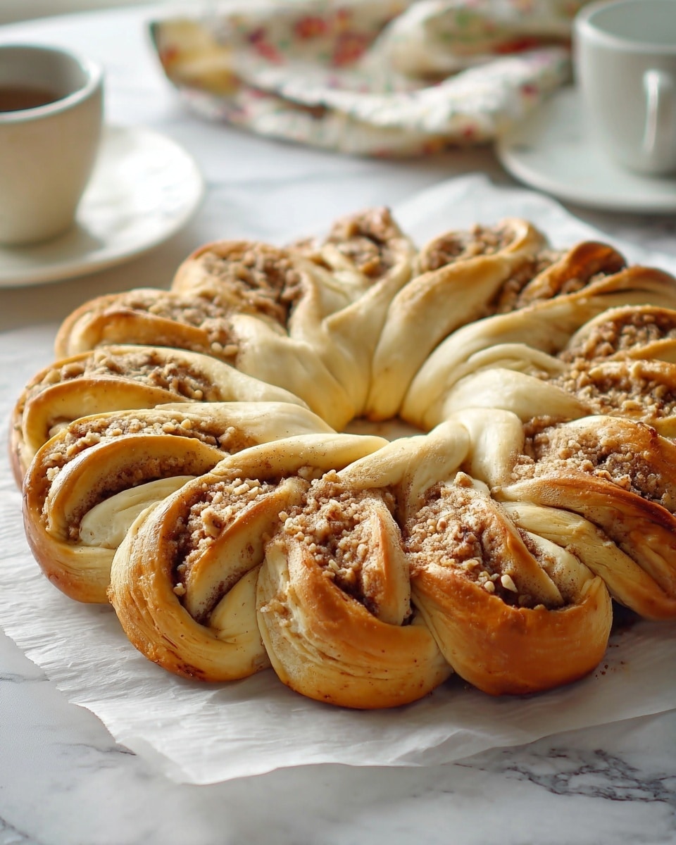 The image shows a circular twisted bread with a textured nut filling visible between the soft golden-brown dough layers. The bread is arranged like a flower with twelve twisted segments radiating out from a smooth central circle of dough that is pale in color. Each twisted segment has two visible light golden layers wrapped around a rough, crumbly beige filling that looks like ground nuts. The bread sits on white parchment paper over a white marbled surface, with a blurry white saucer and a cup in the background. photo taken with an iphone --ar 4:5 --v 7