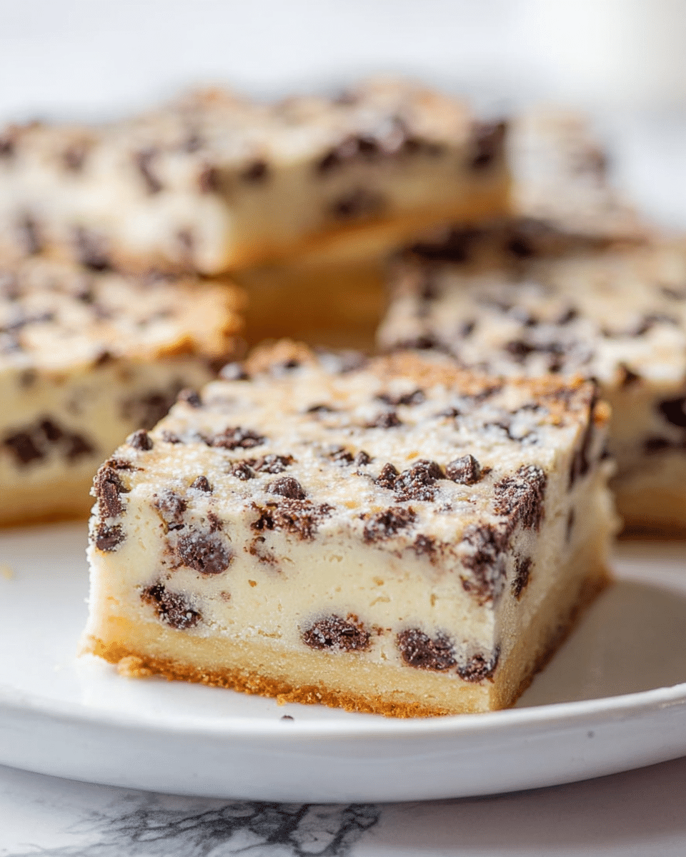 A close-up image of gooey chocolate chip shortbread bars with two distinct layers: the bottom layer is a light golden shortbread crust, firm and slightly crumbly in texture, covering the entire base; the top layer is a thick, creamy, pale yellow mixture densely packed with small, melted dark chocolate chips spread evenly throughout, some chips melting more and creating darker streaks near the edges. The bars are square-shaped with clean edges, placed on a white plate that rests on a white marbled surface. The light reflects softly on the moist, glossy top layer showing its gooey texture, with a few loose crumbs visible around the bars. Photo taken with an iphone --ar 4:5 --v 7