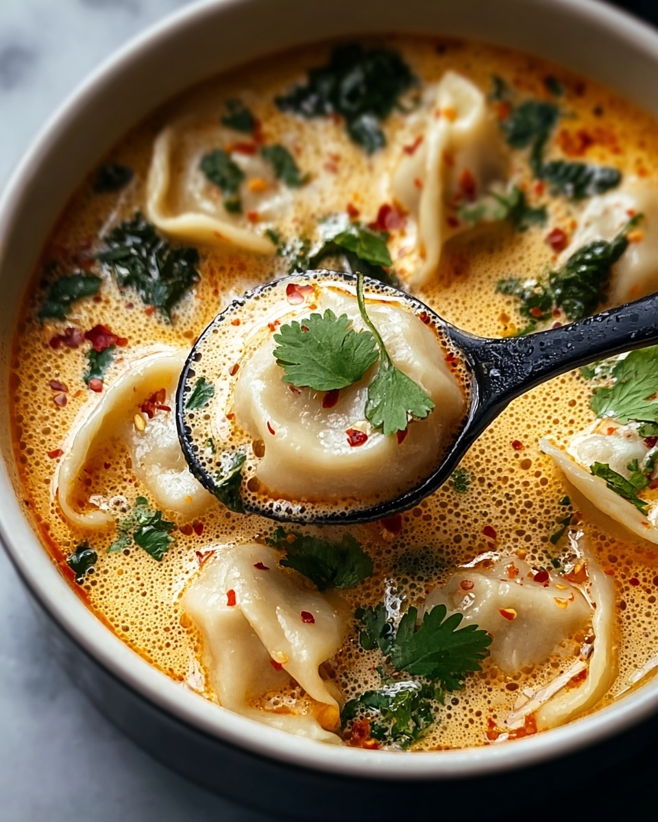 The close-up image shows a soup in a white bowl with a creamy orange broth that has small bubbles and drops of red oil on the surface. Inside the soup are soft, plump dumplings with pale dough, each topped with dark green cilantro leaves. A black spoon is lifting one dumpling out of the soup, highlighting its shiny and smooth texture with a sprinkle of red seasoning and a cilantro leaf on top. The dish is set on a white marbled surface. photo taken with an iphone --ar 4:5 --v 7