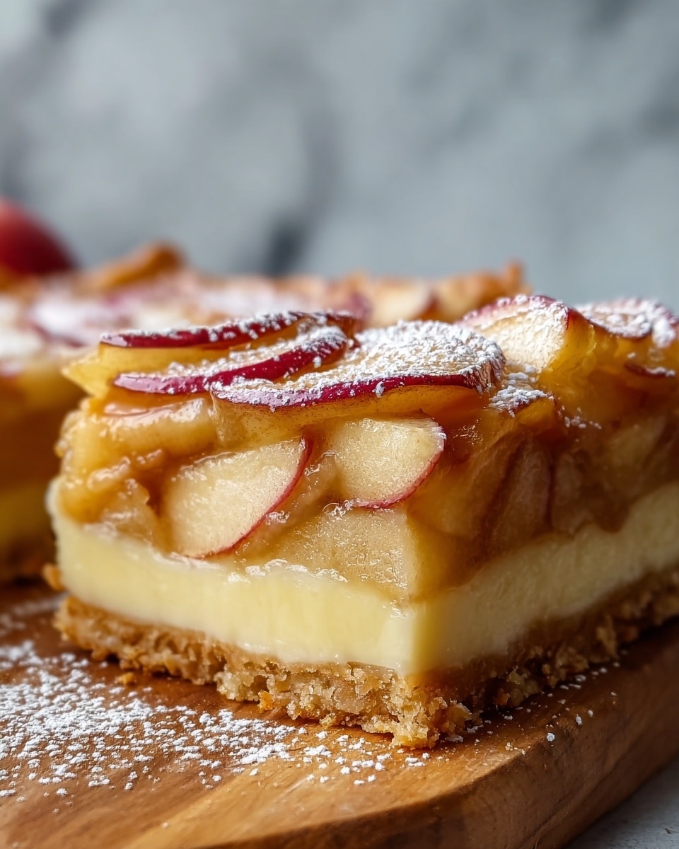 The image shows a close-up of a square piece of apple tart with multiple visible layers. The bottom layer is a golden brown, crumbly crust. Above the crust are three thick layers of smooth, creamy filling in a pale yellow color. The top layer is a thick arrangement of sliced apples with red skins and light yellow flesh, lightly glazed and dusted with powdered sugar, giving it a shiny and soft appearance. The tart sits on a wooden board with a soft focus and white marbled texture in the background. Photo taken with an iphone --ar 4:5 --v 7