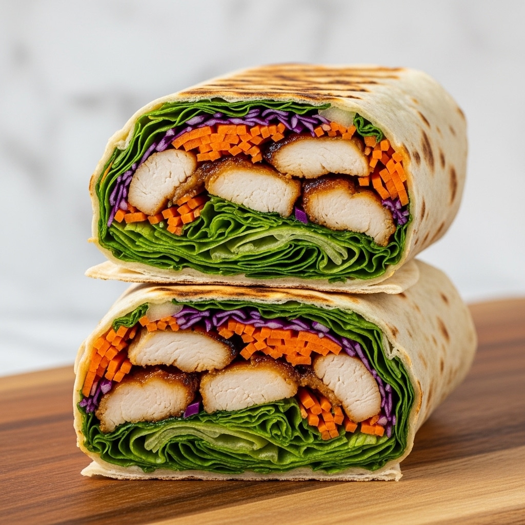 Two tortilla wraps are cut in half, showing three main layers inside each piece. The outside layer is a lightly toasted, soft tortilla with brown grill marks. Inside, a bright green layer of fresh lettuce lies close to the wrap. The innermost layer is filled with tender, juicy pieces of cooked meat with a rich brown glaze, mixed with thin orange carrot strips and chunks of pale green cucumber. The wraps rest on a wooden surface, slightly stacked with one behind the other. Photo taken with an iphone --ar 4:5 --v 7