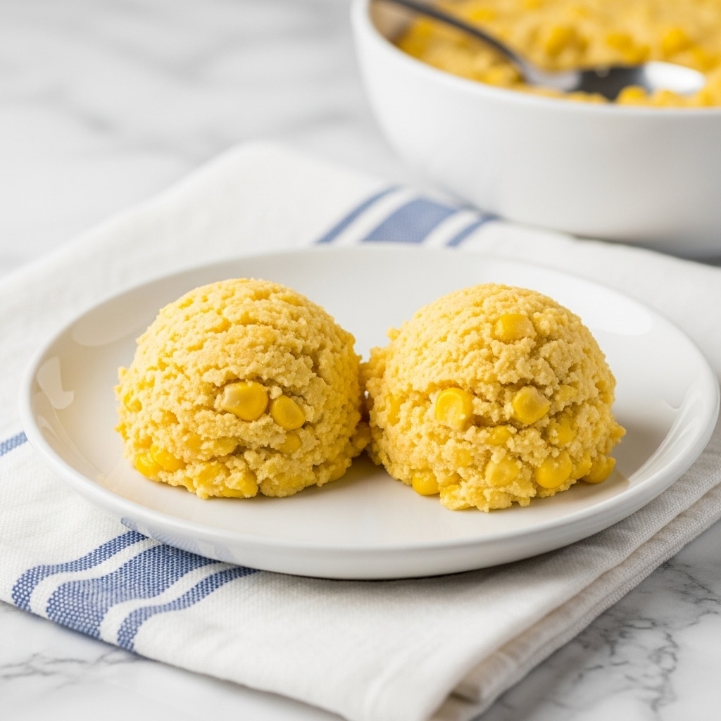 The image shows two scoops of a creamy yellow corn casserole on a white plate. The casserole has a slightly crumbly texture with visible whole corn kernels mixed throughout. The plate rests on a white cloth with blue stripes, placed on a white marbled surface. In the background, there is a white bowl with a golden-yellow casserole inside, and a spoon resting in it. photo taken with an iphone --ar 4:5 --v 7