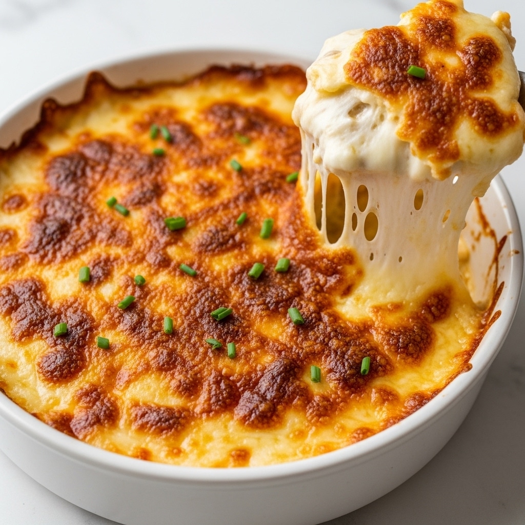 The dish is a baked cheese casserole in a round white ceramic bowl with a golden-brown melted cheese layer on top, lightly charred in spots for a crispy texture. Small green chive pieces are scattered on the cheese surface. A portion is being lifted, showing thick, gooey, melted cheese stretching with a creamy white inside beneath the browned top. The bowl is on a white marbled surface. Photo taken with an iphone --ar 4:5 --v 7