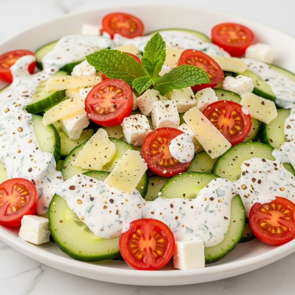 A close-up of a fresh cucumber salad in a white bowl, showing thinly sliced green cucumbers forming the base layer, topped with halved bright red cherry tomatoes scattered evenly, and small white cheese chunks mixed throughout. A creamy white dressing with green herbs is drizzled generously over the salad, creating a smooth texture with pepper flecks visible on top. There are also light yellow shaved pieces of cheese sprinkled across the salad, and a small sprig of fresh green mint leaves placed on the top center for garnish. The bowl sits on a white marbled surface. photo taken with an iphone --ar 4:5 --v 7