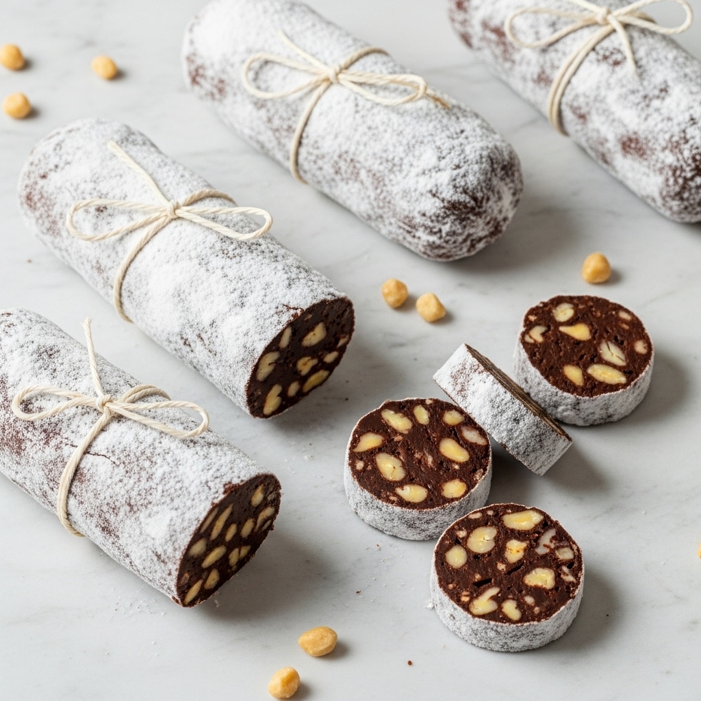 Several dark brown chocolate salami logs wrapped with white powdered sugar and tied with light beige string lie on a textured white marbled surface. Some logs are whole, showing a rough dusting of powdered sugar on their smooth outer layer, while others are sliced into round pieces revealing a dense chocolate interior speckled with light tan nut bits. Small nut pieces are scattered around the logs on the surface, adding texture to the scene. The overall look is rustic and homemade with a mix of smooth, powdery, and chunky textures. photo taken with an iphone --ar 4:5 --v 7