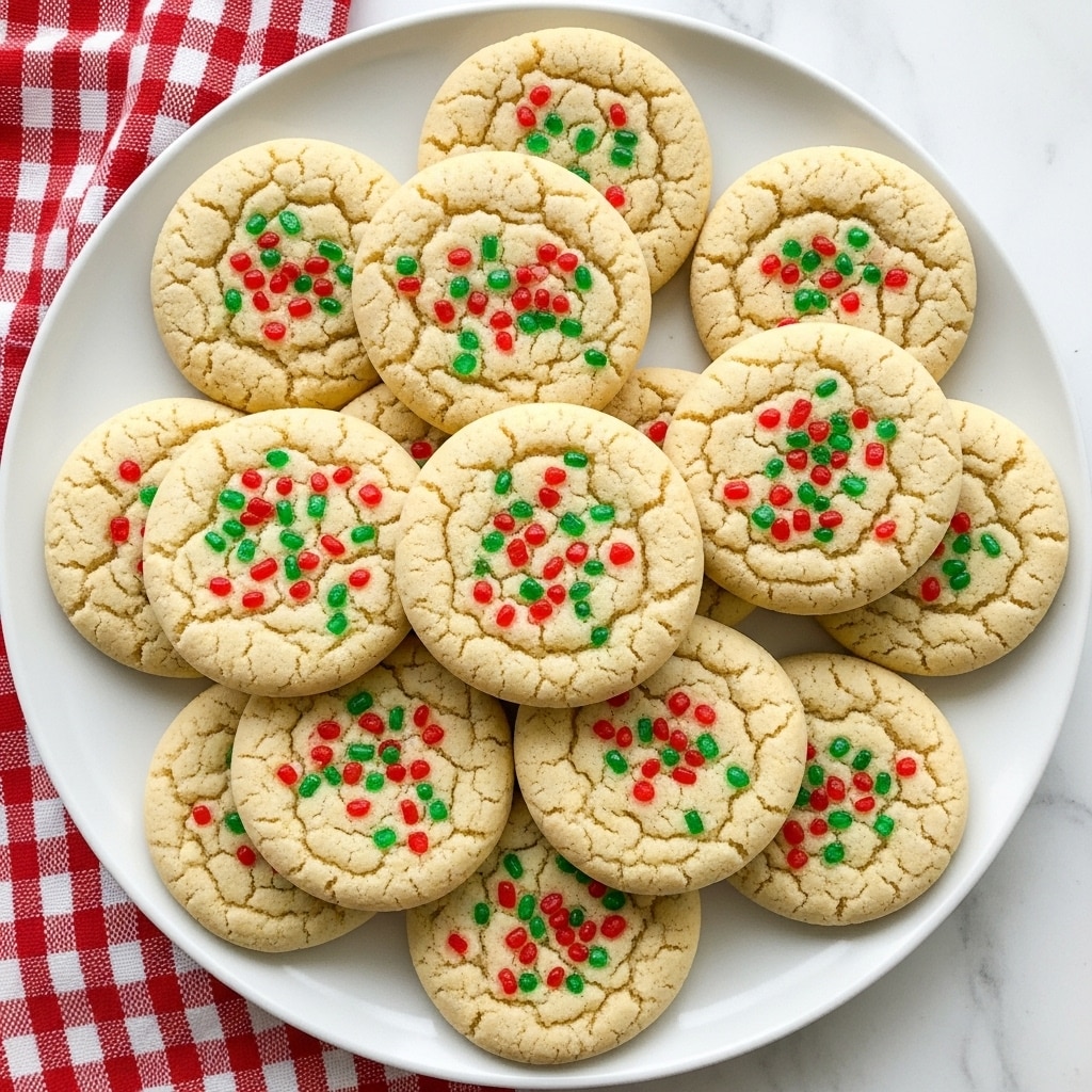 A white plate filled with about a dozen round sugar cookies, each cookie is light tan with small cracks on the surface and topped with red and green sugar crystals scattered evenly across the top. The cookies are stacked slightly overlapping each other, and the plate is placed on a white marbled surface with a red and white checkered cloth on the side. photo taken with an iphone --ar 4:5 --v 7