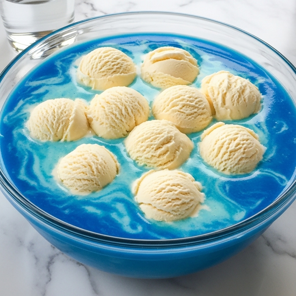 The dish is a large clear glass bowl filled with a blue liquid base that has a smooth, slightly swirled texture, with patches of lighter blue and turquoise shades. Floating on top are eight scoops of creamy, off-white vanilla ice cream, with visible soft, rough edges from scooping. The bowl sits on a surface with a white marbled texture, and a clear glass of water is visible in the background. The overall look is cool and refreshing, with the contrast of light ice cream against the vibrant blue liquid. photo taken with an iphone --ar 4:5 --v 7