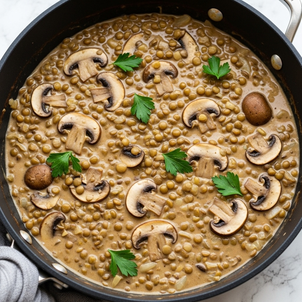 A close-up view of a black skillet filled with creamy lentil and mushroom stew, showing a thick light tan sauce with green lentils and sliced brown mushrooms spread evenly throughout. Fresh green parsley leaves are scattered on top, adding a pop of color. The skillet sits on a white marbled surface with part of a gray cloth visible at the bottom. The stew looks rich and hearty with varied textures from the lentils and mushrooms. photo taken with an iphone --ar 4:5 --v 7