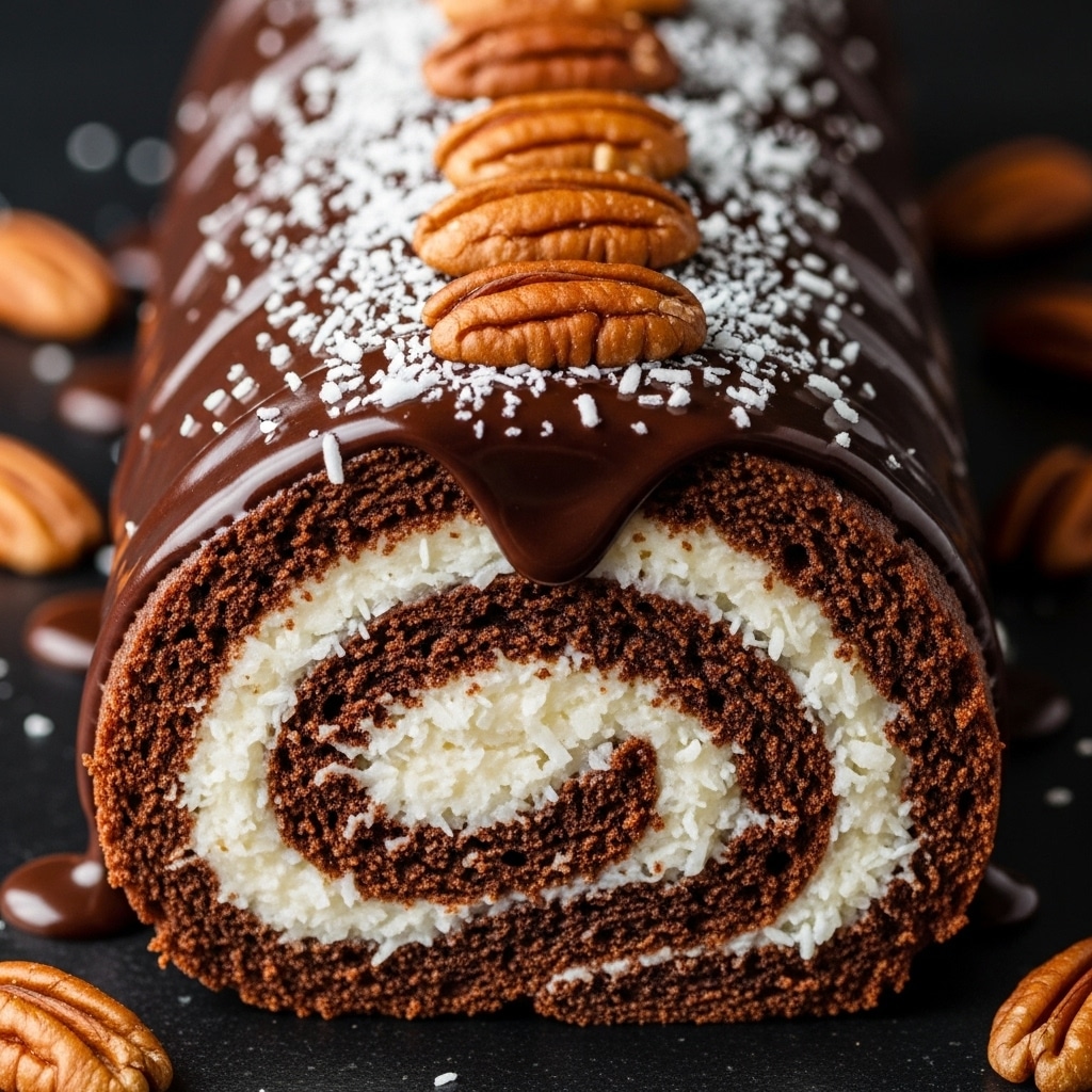 A close-up view of a chocolate roll cake with three visible spiral layers: the outer layer is dark brown and moist cake, the middle layer is creamy white coconut filling with small coconut flakes, and the inner layer is the same dark brown cake. The top of the roll is covered with thick, glossy dark chocolate sauce dripping slightly down the sides, sprinkled with white shredded coconut, and topped with whole pecan nuts arranged in a neat line. The roll rests on a dark surface with a few pecan nuts scattered around. photo taken with an iphone --ar 4:5 --v 7